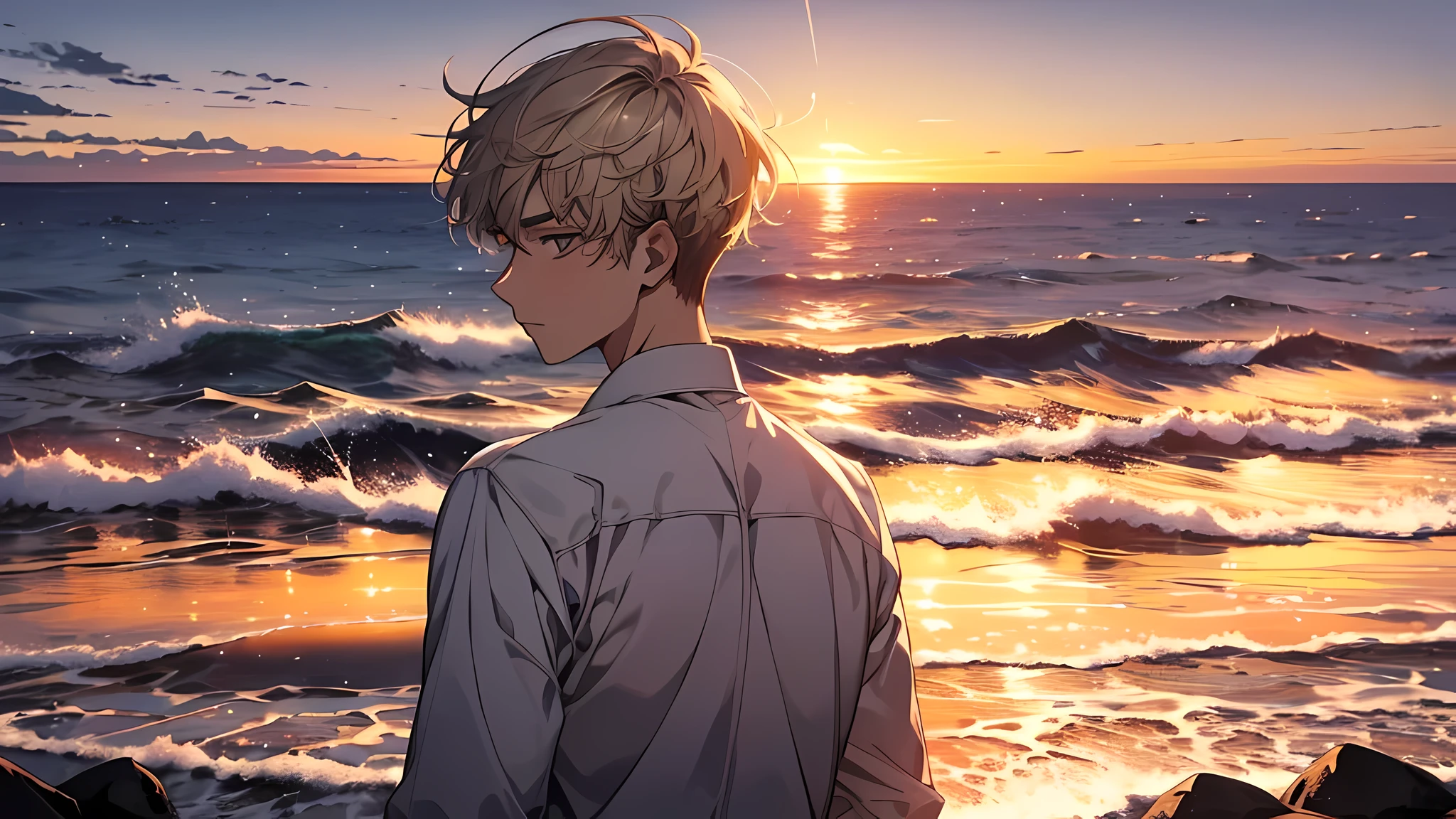 Painting of a man looking at the sunset, アニメ, Man watching the sunrise, back-view, Beautiful -yeld man the horizon, Watch the sunrise, white Short hair, White long-sleeved shirt, One person, perfect face, perfect body, detailed eyes, detailed face, detailed nose
