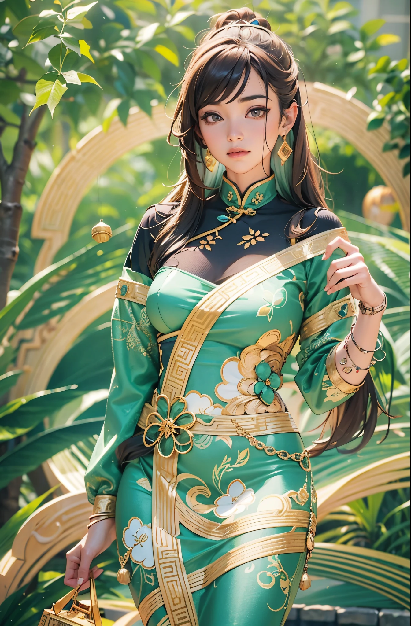 foto clos-up wanita cantik asia 24 tahun, berambut panjang, baju see trought, berlari di jalan lumpur, kehujanan, cipratan air realistis, tetesan air realistis daun detail, pohon realistis, ultra hd