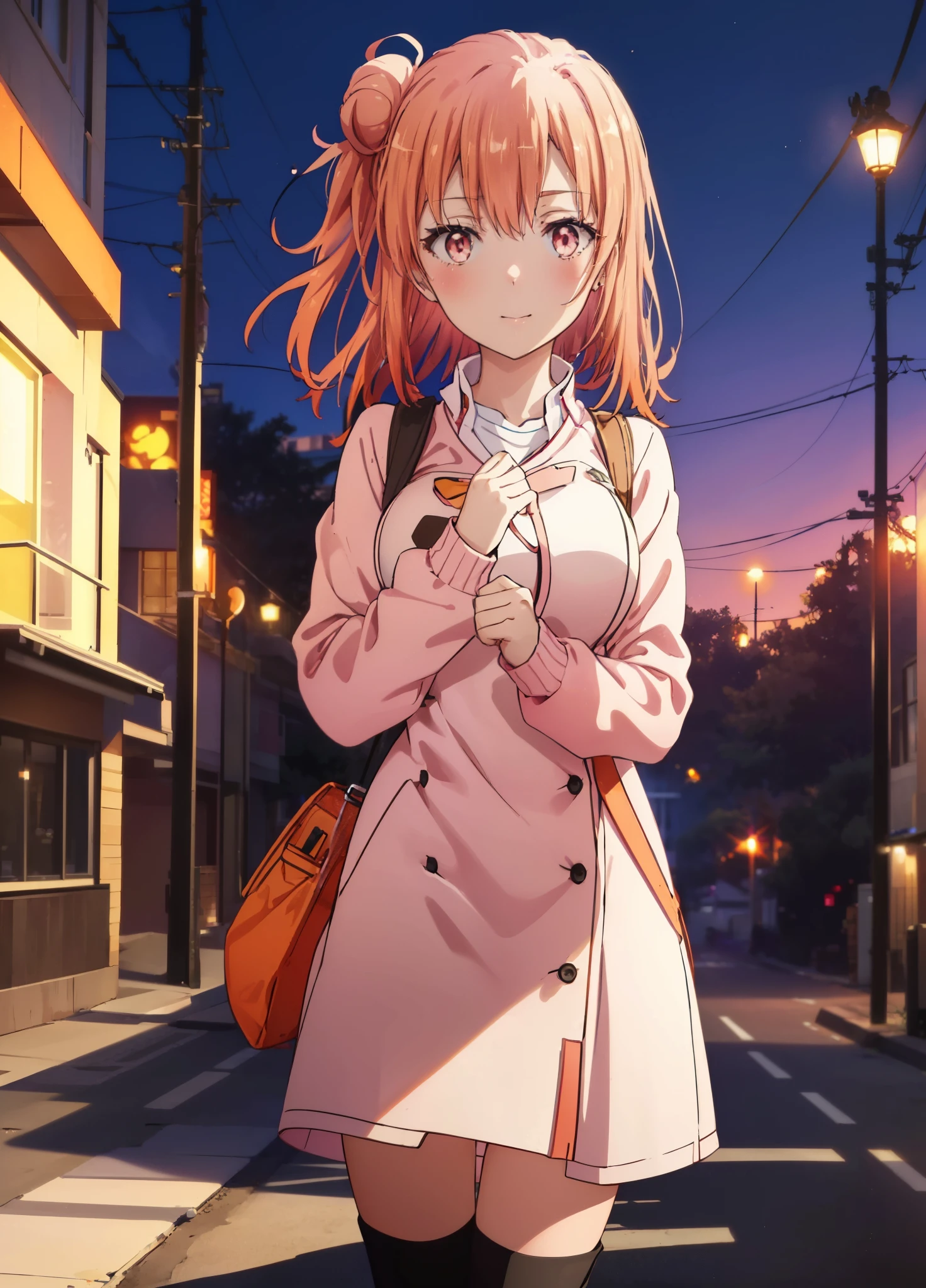 yuiyuigahama, yui yuigahama, long hair, (Pink eyes:1.5), (orange hair:1.2), bun hair, single bun hair,blush, smile, (big breasts:1.2),pink long coat,white sweater,Short Bands,Black Knee High Socks,short boots,evening,sunset,
break outdoors,In town,building street,
break looking at viewer, (cowboy shot:1.5),
break (masterpiece:1.2), highest quality, High resolution, unity 8k wallpaper, (figure:0.8), (beautiful and fine eyes:1.6), highly detailed face, perfect lighting, Very detailed CG, (perfect hands, perfect anatomy),