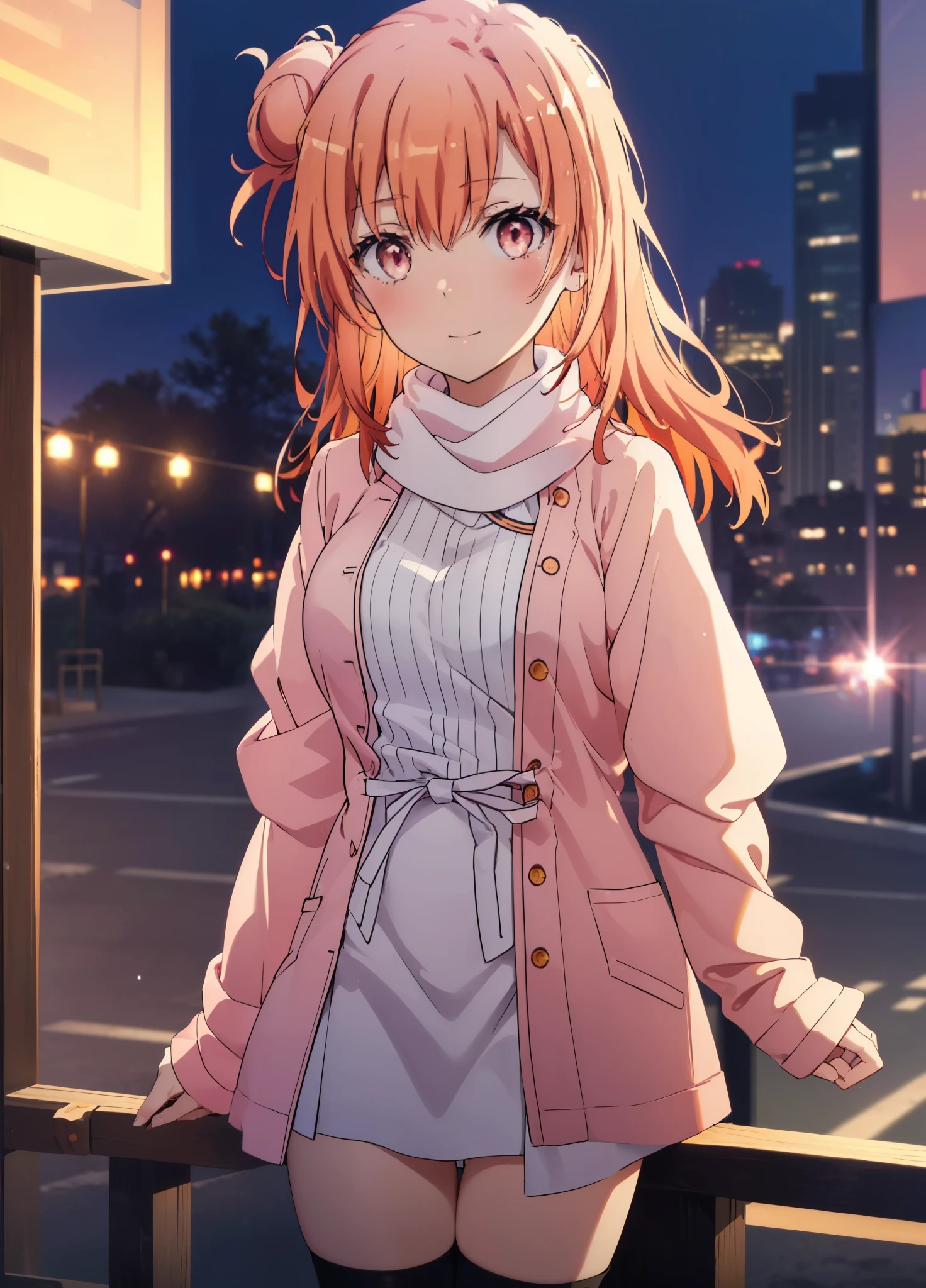 yuiyuigahama, yui yuigahama, long hair, (Pink eyes:1.5), (orange hair:1.2), bun hair, single bun hair,blush, smile, (big breasts:1.2),pink long coat,white sweater,Short Bands,Black Knee High Socks,short boots,evening,sunset,
break outdoors,In town,building street,
break looking at viewer, (cowboy shot:1.5),
break (masterpiece:1.2), highest quality, High resolution, unity 8k wallpaper, (figure:0.8), (beautiful and fine eyes:1.6), highly detailed face, perfect lighting, Very detailed CG, (perfect hands, perfect anatomy),