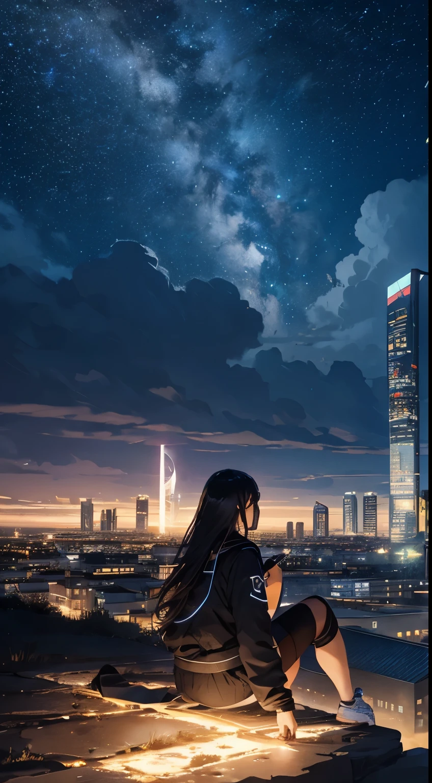 Octane number, Sky, Star (Sky), landscape, Starry Sky, night, 1 girl, night Sky, alone, outdoor, architecture, cloud, Milky Way, sitting, Tree, long hair, City, contour, Cityscape