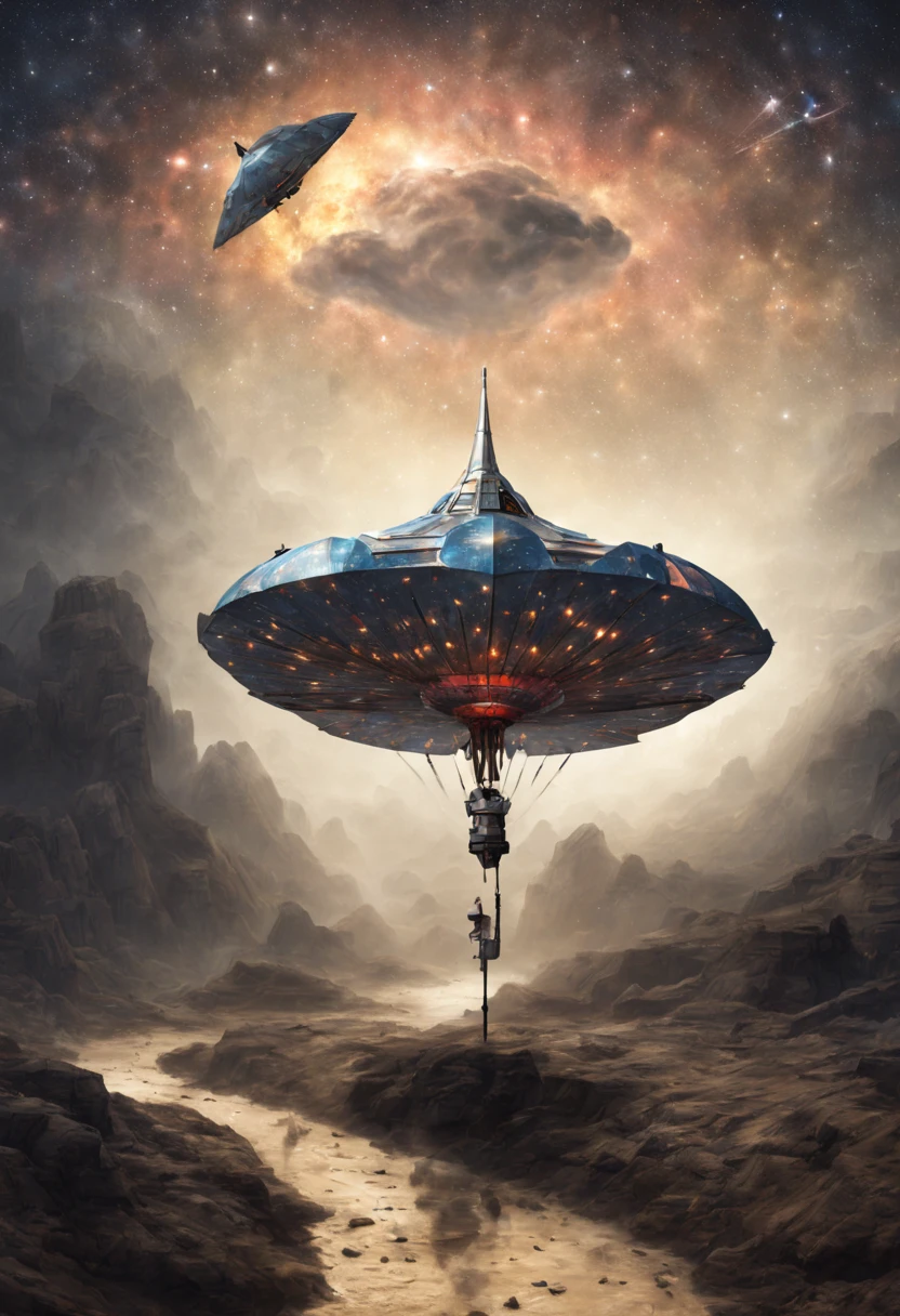 Umbrella spaceship flies through the galaxy