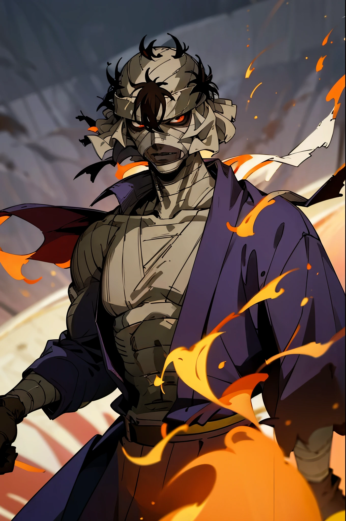 (best quality,highres,ultra-detailed),Makoto Shishio surrounded by fire,charismatic character,menacing gaze,handsome and muscular,red glowing eyes,flames dancing around him,burning embers floating in the air,dark and sinister atmosphere,fierce expression and determined stance,red-hot flames flickering with intensity,fiery aura illuminating his surroundings,smoke billowing from his burning clothes,scorched battlefield background,ashes and sparks flying,powerful and menacing presence,anime style representation,sharp and vibrant colors,contrasting mix of reds and blacks,dramatic lighting highlighting his features,shadows cast from the blazing flames