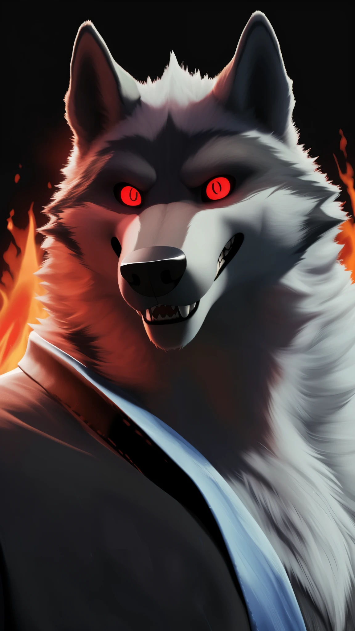 (best quality,8k,highres,masterpiece:1.2),ultra-detailed,(photorealistic:1.37),(Orochi Death Wolf),red glowing eyes,staring at the viewer,detailed facial features,same design as Iori Yagami,background from The King of Fighters XV,fiery background,serious expression,on a realistic face,in 8k.