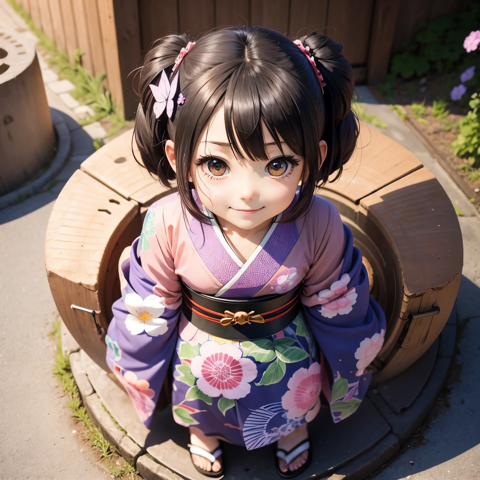 Anime characters in Japan(chibi girl、smile、kimono、butterfly hair ornament)There is a manhole cover with a、colorful