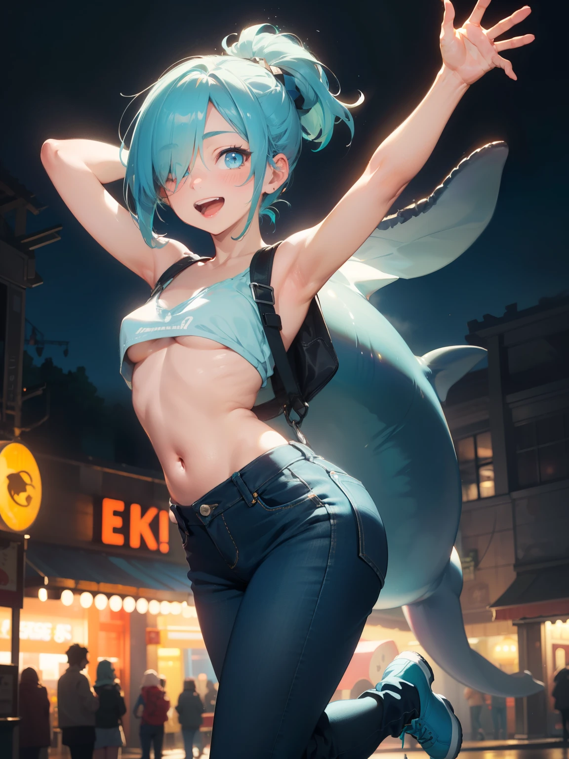 1girl , a 17 yo girl ,  , super adorable , full head ,(Upper Body : (small breasts) , Skinny ) , ((tmasterpiece)) , (Very detailed CG unity 8K wallpaper) , best qualtiy , cinematic lighting , (hi-top fade:1.3) , dark themed , Muted Tones , Subdued Color , highly contrast , (natural skin textures , Hyper-Realism , Soft light , sharp) , (Hair : (Light Cyan Hair:1.5) , (shoulder-length hair) , ponytail , ) , (Cetacean Blue eyes:1.5) , beatiful detailed eyes , (Bright eyes:1.5) , (Very fine and beautiful) , (Beautiful and detailed eye description) , ( Background : (Random Amusement park at night Background) ) , Blur Background , (Topless) , Neon blue Backpack , Periwinkle Big Shape Jeans , Light cyan Furry Strapped Combat Bootie Boots , Cornflower blue (Calvin Klein underwear) ) , Full body shot , random view ,(Joyful Emotion:1.5) , Happy expression , (Pose : random pose , smile shy ) , (hair covers one eye : 1.5), Navel, small breast