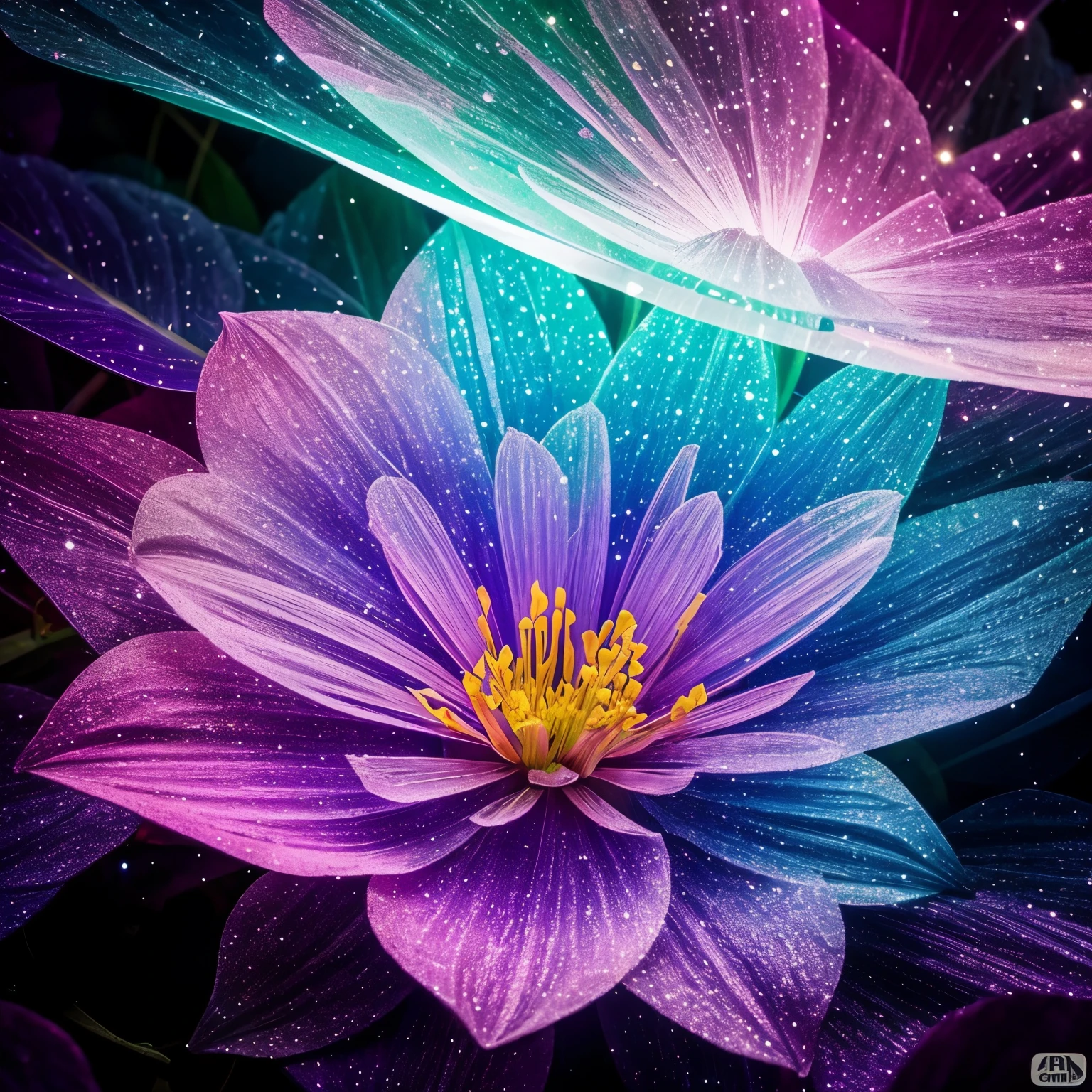 flor de cristal, Fantasia, Galaxy, transparente, Espumante, Espumante, Brilhante, colorida, magic photography, dramatic lighting, Photographic realism, ultra-detalhado, 4k, profundidade de campo, high resolution
