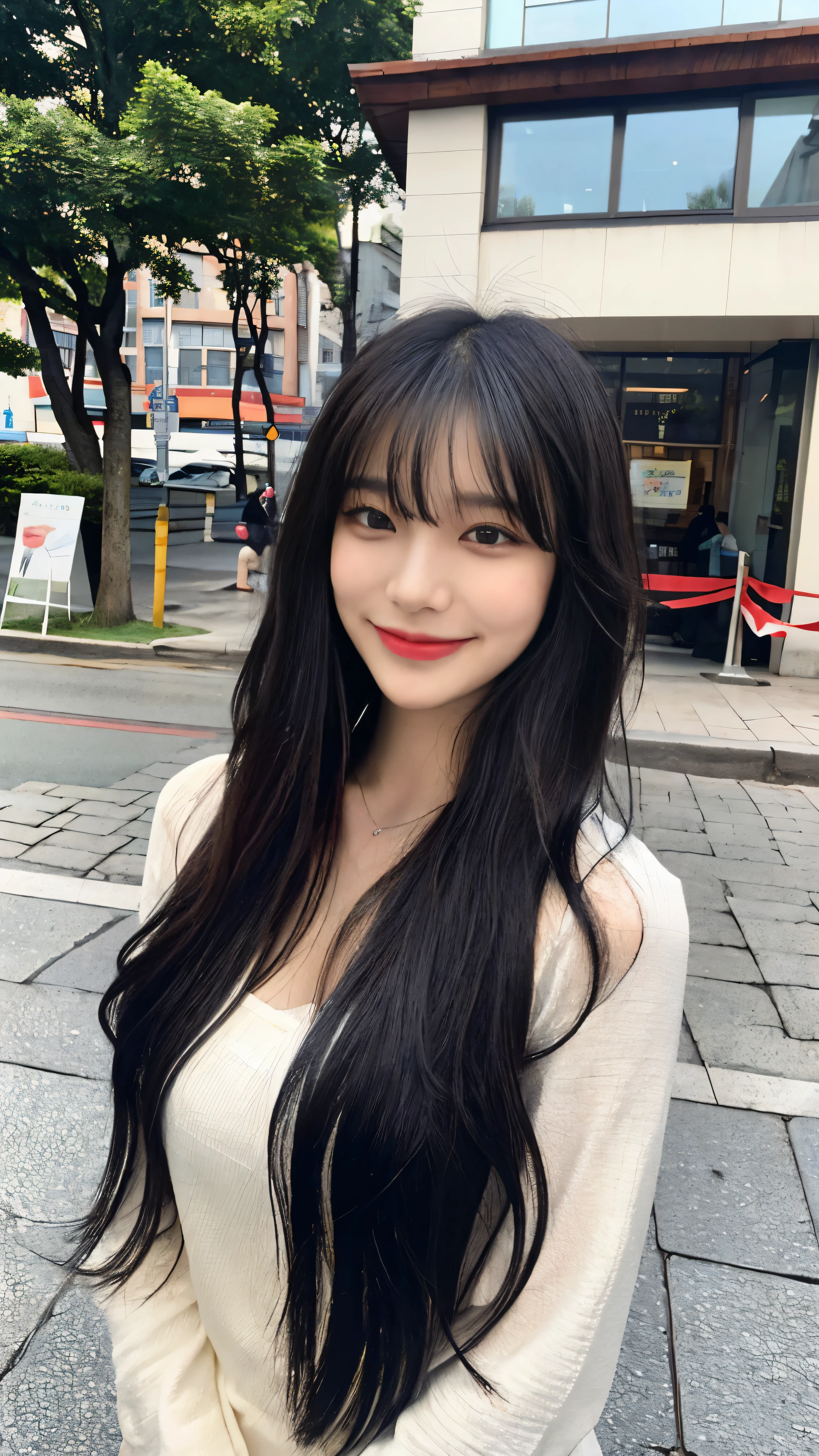 (8 thousand、top quality、masterpiece:1.2)、(realistic、realistic:1.9)、(laugh:0.2)、medium chest、beautiful and delicate eyes、full body sbian、(alone:1.8)、(look at the audience:1.3)、hair on wet hair、Smiling on a quiet street in the park、shoulder height short hair、The tip of the hair touches the shoulder and then bounces up in a U shape....、Loose curly hair,、light bangs、I have bangs、Beautiful black haired woman in her 20s。no man&#39;so cute.、There is a sophisticated atmosphere。walking on the white sidewalk,、He looked around gracefully.........、Unlike the busy atmosphere of the city、、、、、、Radiates quiet beauty。그녀의 laugh는 주변 사람들에게도 있다々that&#39;representation々continuation々This is、々This is、々This is、々Gives you a happy feeling,  black leather jacket,