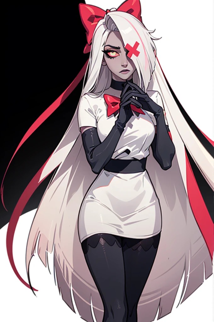 (Vaggie:1.0), (casual outfit, white dress, stockings, gloves:1.5), (pastel-pink sclera, black pupil, grey skin, white hair, long hair, hair bow:1.2), (white background:1.5), (realistic:1.2), (masterpiece:1.2), (full-body-shot:1),(Cowboy-shot:1.2), neon lighting, dark romantic lighting, (highly detailed:1.2),(detailed face:1.2), (gradients), colorful, detailed eyes, (detailed landscape:1.2), (natural lighting:1.2), (cute pose:1.2), (solo, one person, 1girl:1.5), standing, 