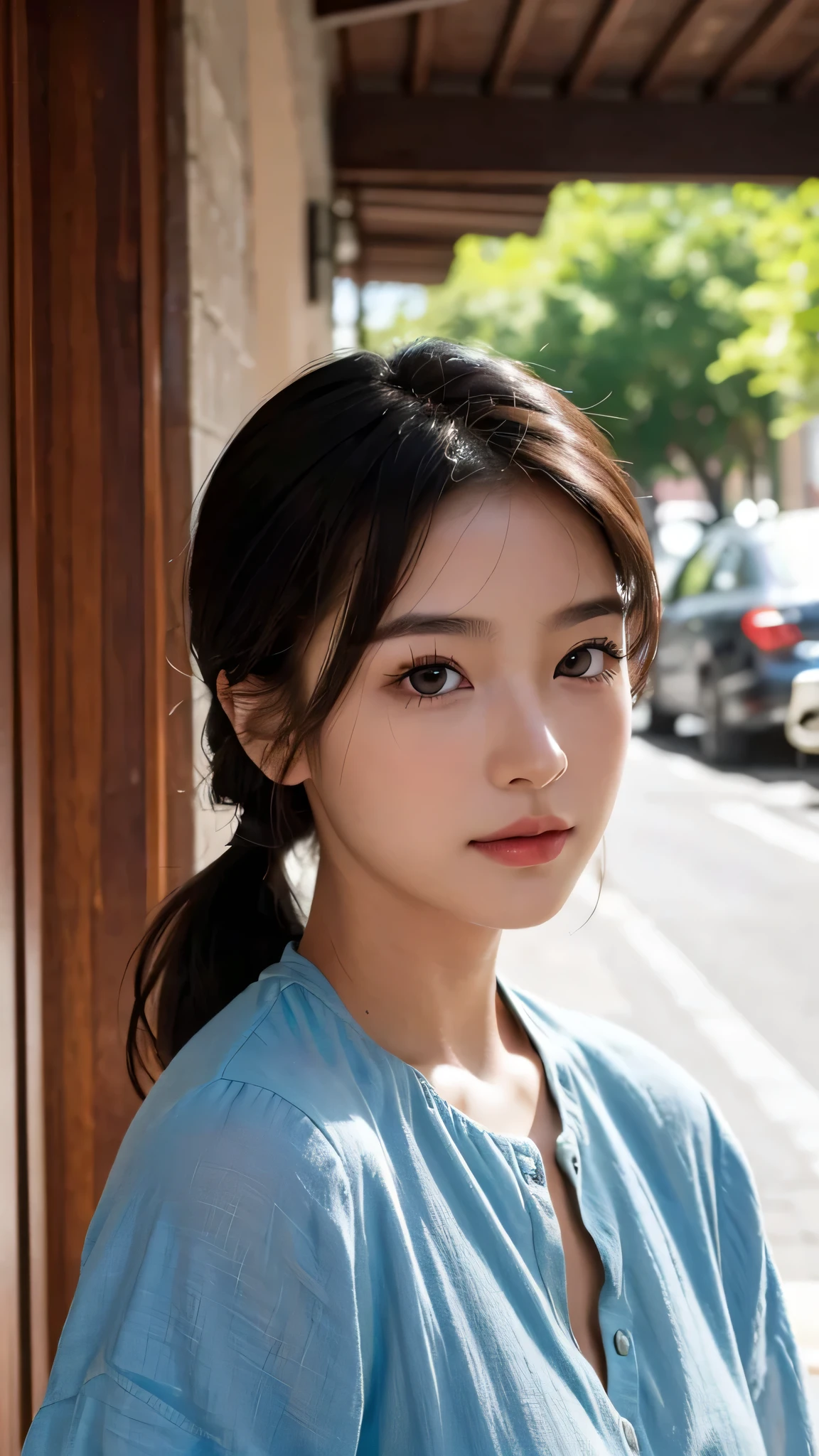 One woman,fully body photo,masutepiece, The highest image quality, High quality, the background is clear,Beautiful woman, Japanese, Detailed, Detailed eyes, Detailed skin, Beautiful skin, 超hight resolution, (reality: 1.4),Very beautiful woman, Slightly younger face, Beautiful skin, slender, (Ultra photo realsisim), (hight resolution), (8K), (Very detailed) (beautifully detailed eyes), (super detailed), (Detailed face), view the viewer, Fine details, Detailed face, Staring straight ahead, Staring straight ahead, photos realistic, Bright lighting, Professional Lighting, Black hair,poneyTail,a baby face,sixteen years old,髪型はponeyTail,ロングのponeyTailの髪型,slight smile,neat and tidy clothing,European Streets