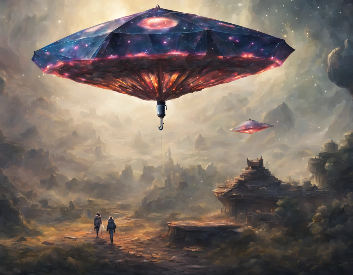 Umbrella spaceship flies through the galaxy