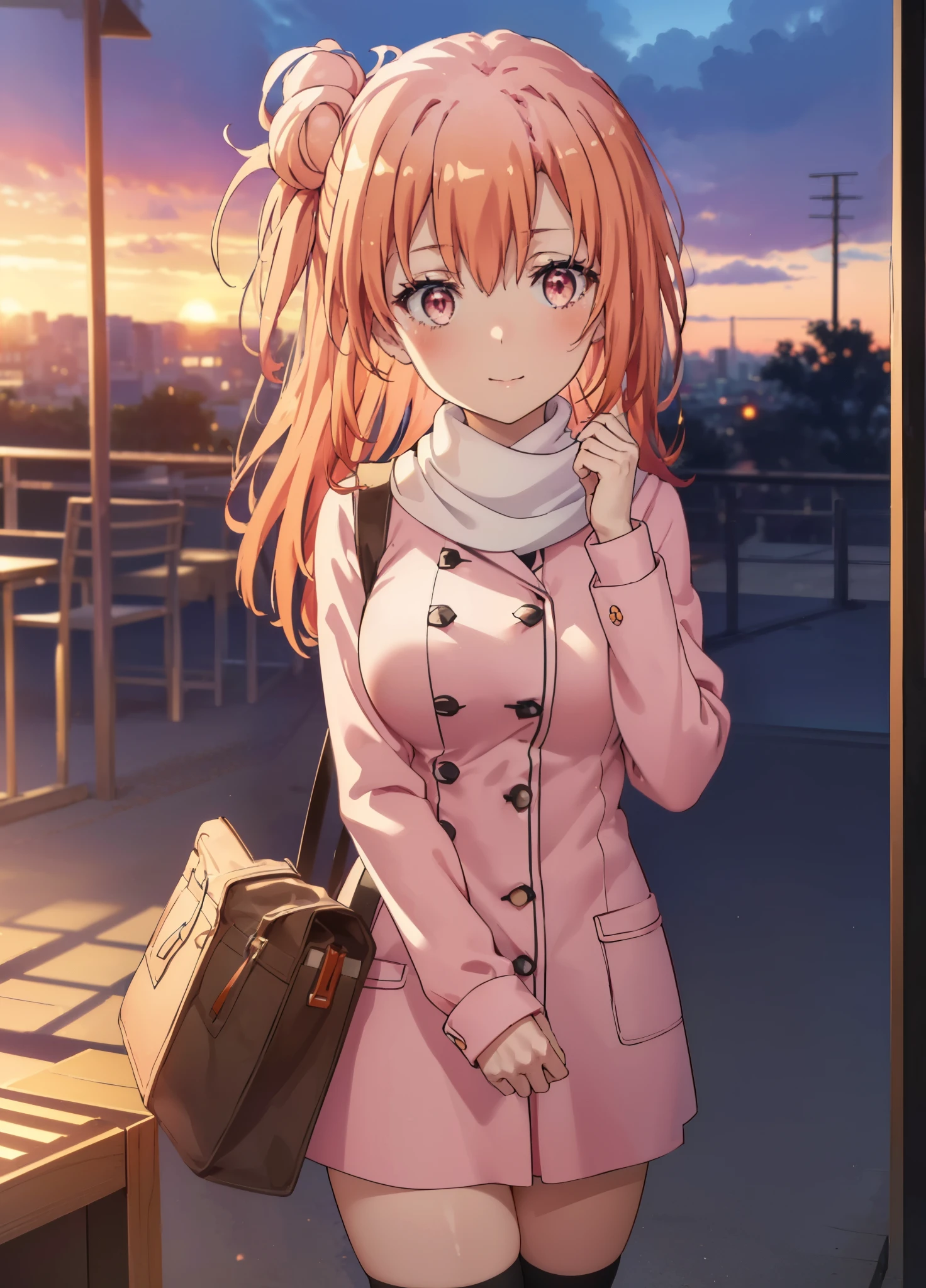 yuiyuigahama, yui yuigahama, long hair, (Pink eyes:1.5), (orange hair:1.2), bun hair, single bun hair,blush, smile, (big breasts:1.2),red muffler,pink long coat open the front,white sweater,Short Bands,Black Knee High Socks,short boots,evening,sunset,
break outdoors,In town,building street,
break looking at viewer, (cowboy shot:1.5),
break (masterpiece:1.2), highest quality, High resolution, unity 8k wallpaper, (figure:0.8), (beautiful and fine eyes:1.6), highly detailed face, perfect lighting, Very detailed CG, (perfect hands, perfect anatomy),