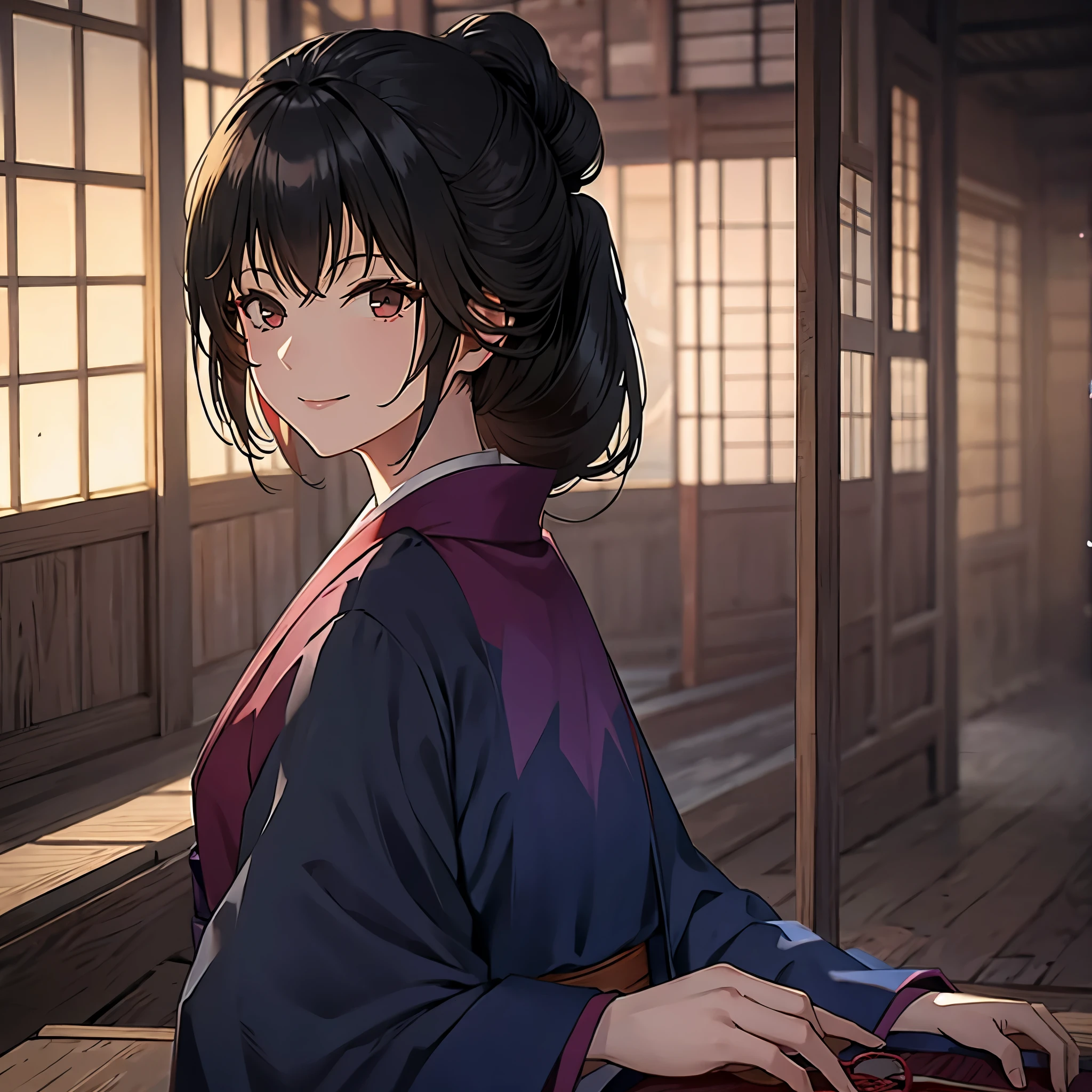 a woman in a Japanese castle, kimono black, smiling
