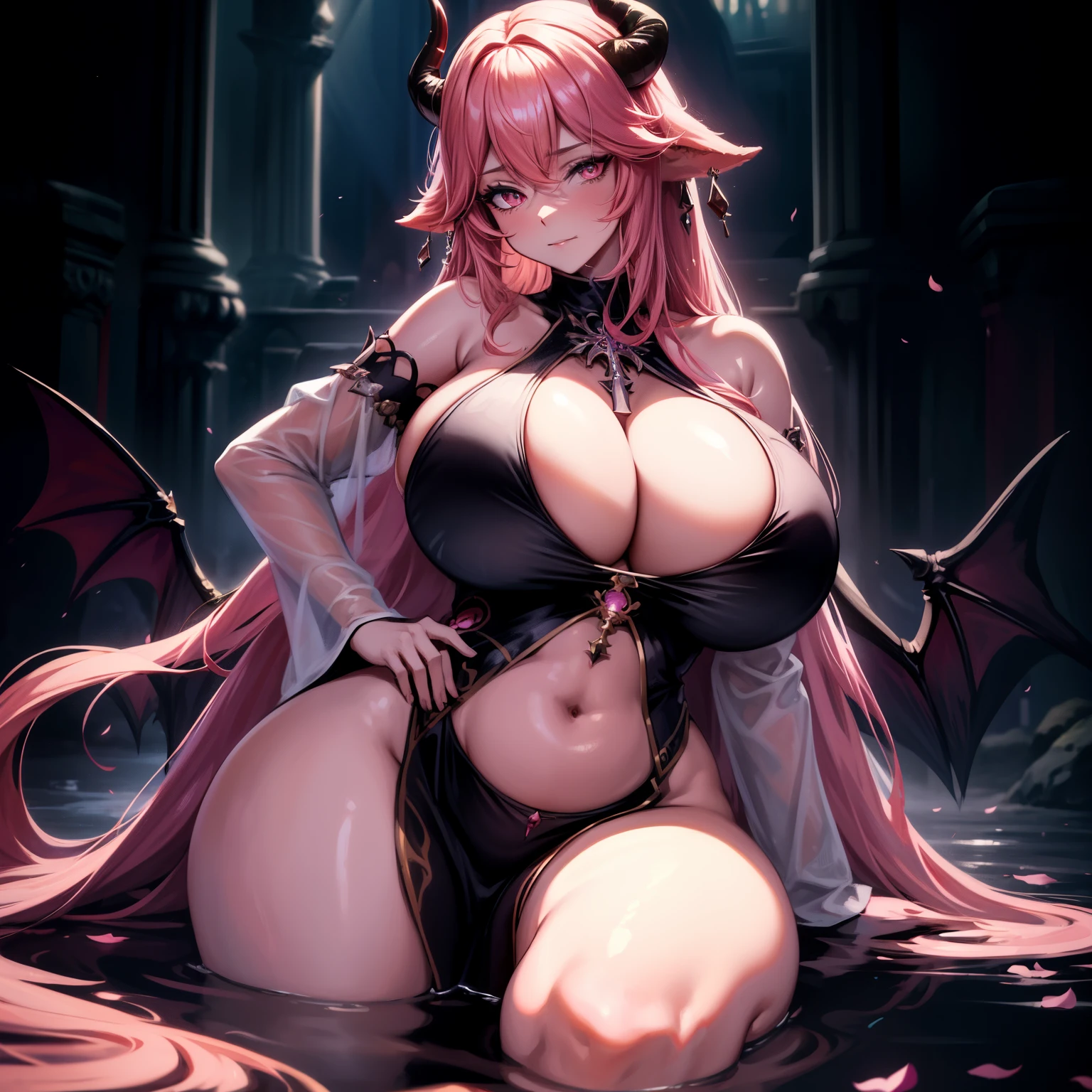 A female demon milf with black demon horn with wet dress, transparent dress getting wet, visible belly button, visible belly, ((demon horn)), extremely long pink rapunzel hair, ((Rapunzel pink hair)), white eyes of the devil., ((white eyes)), voluminous body with huge breasts and bust, ((huge breast and bust)), Magnificent beautiful bright cathedral, wicked and empty look, no shine in the eyes, looking at the viewer, prominently on your legs and breasts;, highlighting breasts and hair, sexy pose, sexualized pose, realistic breast grip, sysie high definition details, photography, insight, Unique 850 4, Koda850 k portrait camera, Spring F1.6 , rich colors, super realistic texture, spectacular light texture, surreal art, Cinestil 800 fashion mechanism