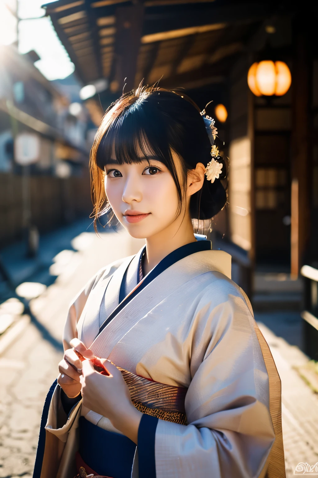 20-year-old Japanese supermodel girl,black hair,Ukiyo-e kimono,Japanese road background,a ray of light,beautiful facial lighting,big deal,Photographed by Yui Aragaki,6 o'clock'bell