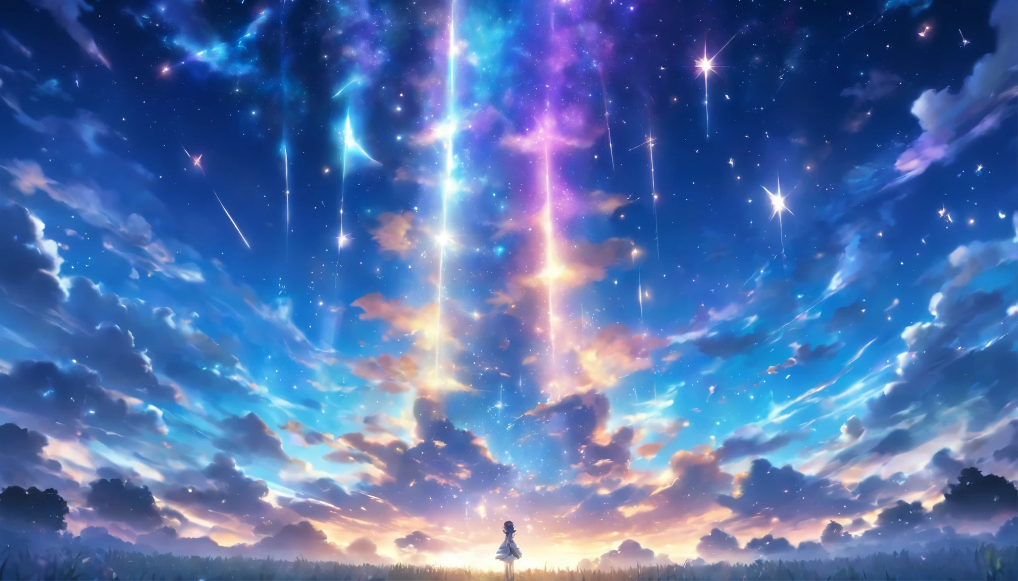 A pillar of light with stars gathered in the night sky falls on an empty horizon。