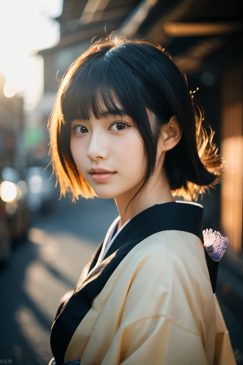 20-year-old Japanese supermodel girl,black hair,Ukiyo-e kimono,Japanese road background,a ray of light,beautiful facial lighting,big deal,Photographed by Yui Aragaki,6 o'clock'bell