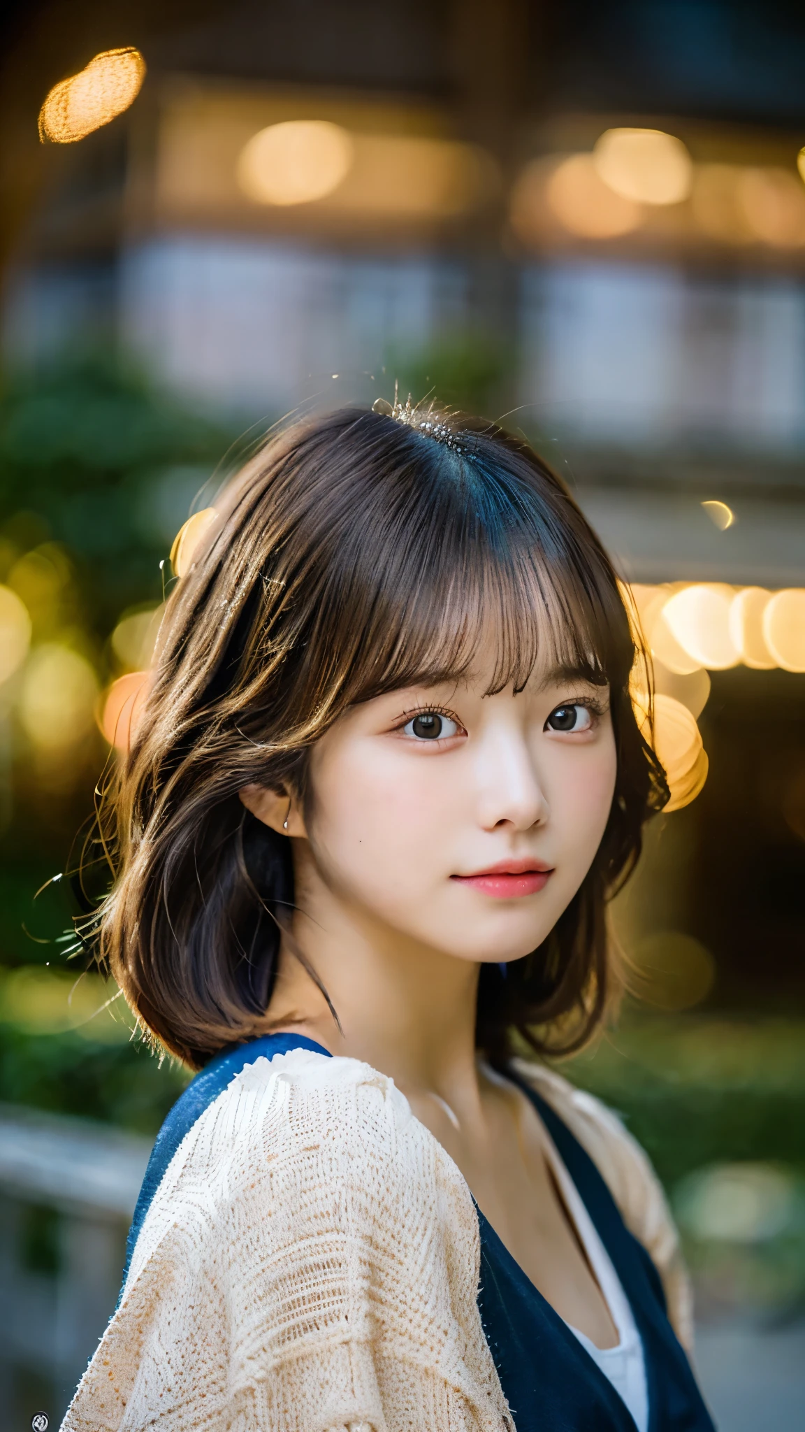 (masterpiece:1.3), (8K, Photoreal, Raw photo, best image quality: 1.4), Japanese high school girl、(random hairstyle:1.2)、cleavage:1.4、super detail face、eye for details、double eyelid、sharp focus:1.2、Beautiful woman:1.4、light brown hair、highest quality、masterpiece、Super high resolution、(Photoreal:1.4)、Fuming、thin、short haired、Nightgown