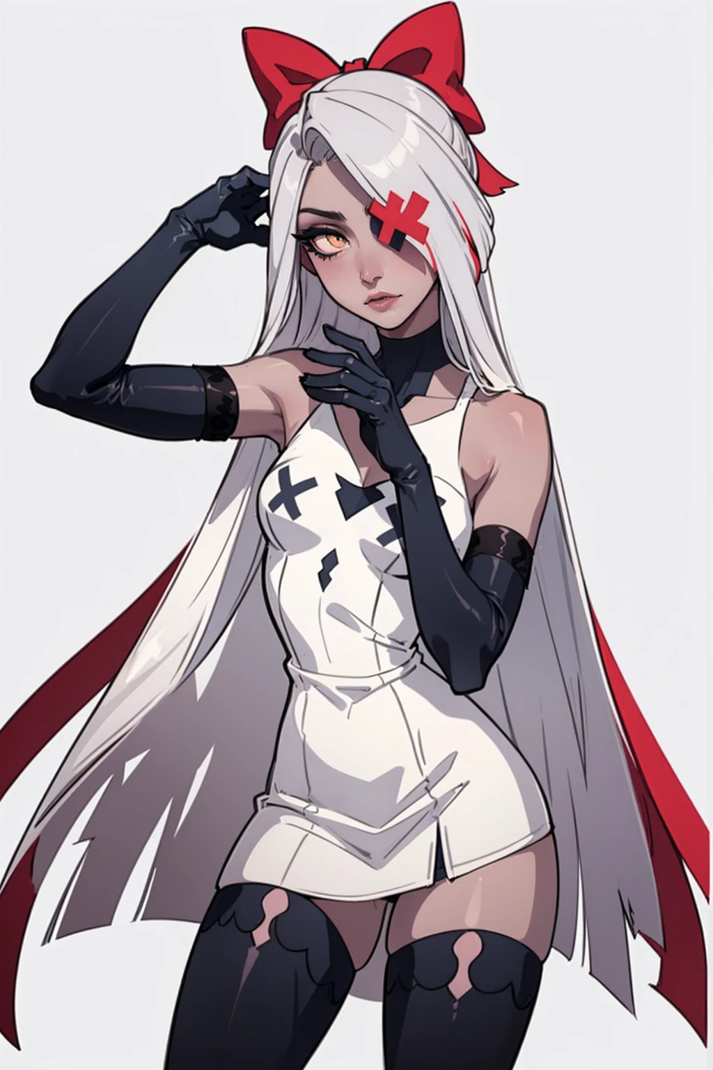 (Vaggie:1.0), (casual outfit, white dress, stockings, gloves:1.5), (pastel-pink sclera, black pupil, grey skin, white hair, long hair, hair bow:1.2), (white background:1.5), (realistic:1.2), (masterpiece:1.2), (full-body-shot:1),(Cowboy-shot:1.2), neon lighting, dark romantic lighting, (highly detailed:1.2),(detailed face:1.2), (gradients), colorful, detailed eyes, (detailed landscape:1.2), (natural lighting:1.2), (cute pose:1.2), (solo, one person, 1girl:1.5), standing, 