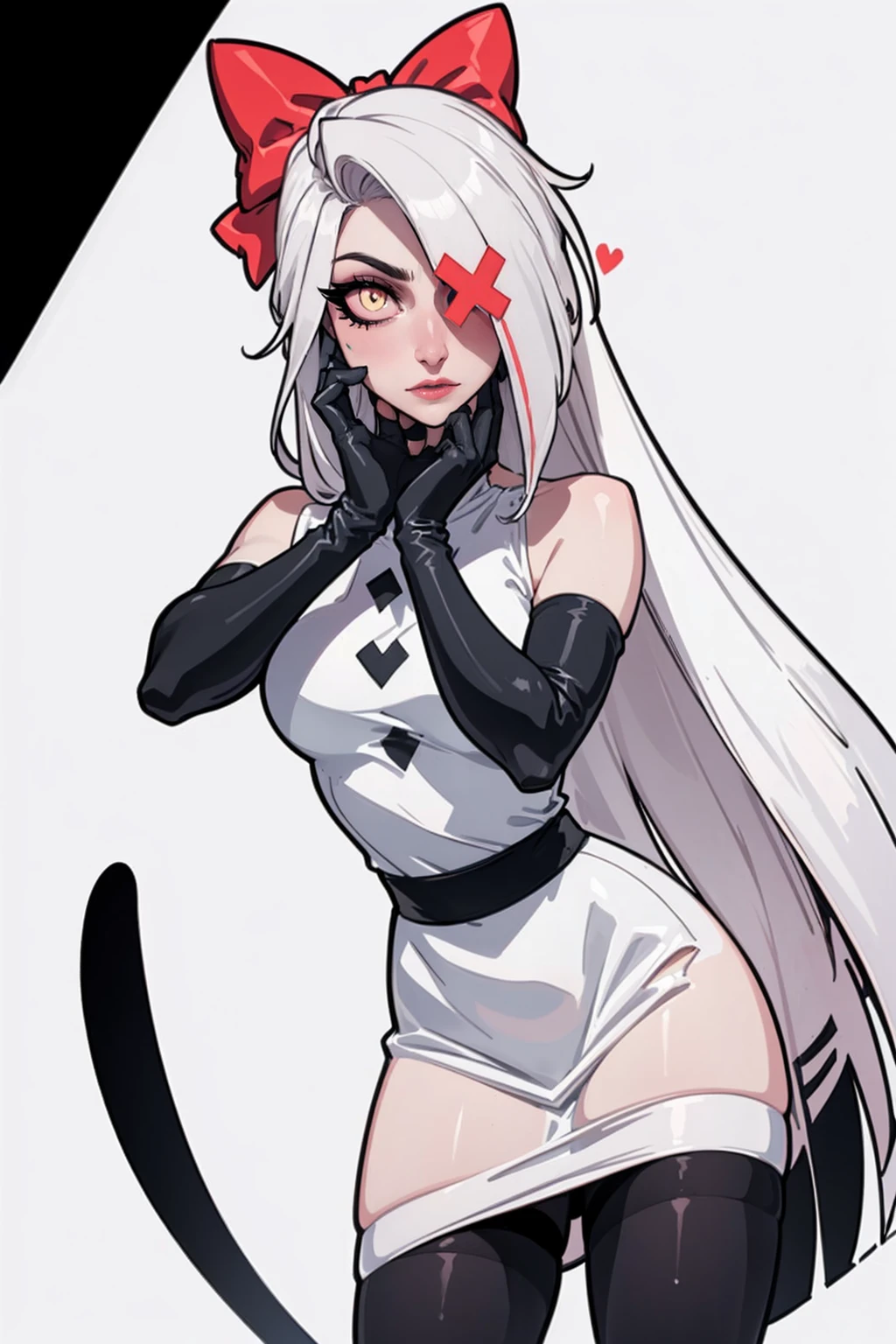 (Vaggie:1.0), (casual outfit, white dress, stockings, gloves:1.5), (pastel-pink sclera, black pupil, grey skin, white hair, long hair, hair bow:1.2), (white background:1.5), (realistic:1.2), (masterpiece:1.2), (full-body-shot:1),(Cowboy-shot:1.2), neon lighting, dark romantic lighting, (highly detailed:1.2),(detailed face:1.2), (gradients), colorful, detailed eyes, (detailed landscape:1.2), (natural lighting:1.2), (cute pose:1.2), (solo, one person, 1girl:1.5), standing, 