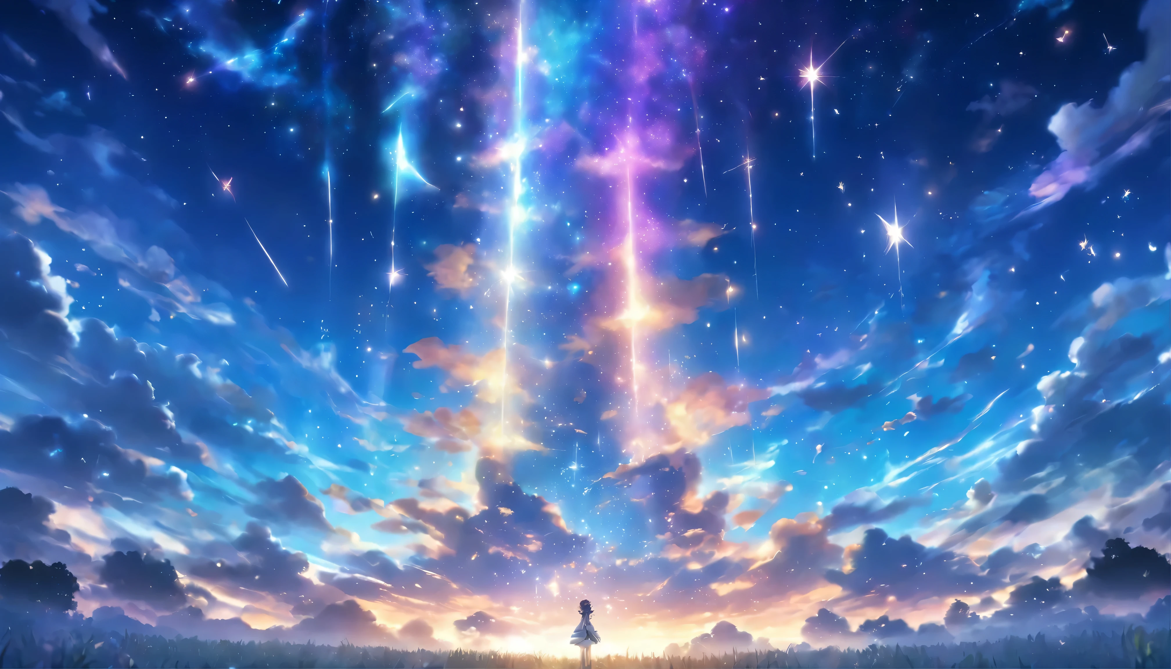 A pillar of light with stars gathered in the night sky falls on an empty horizon。