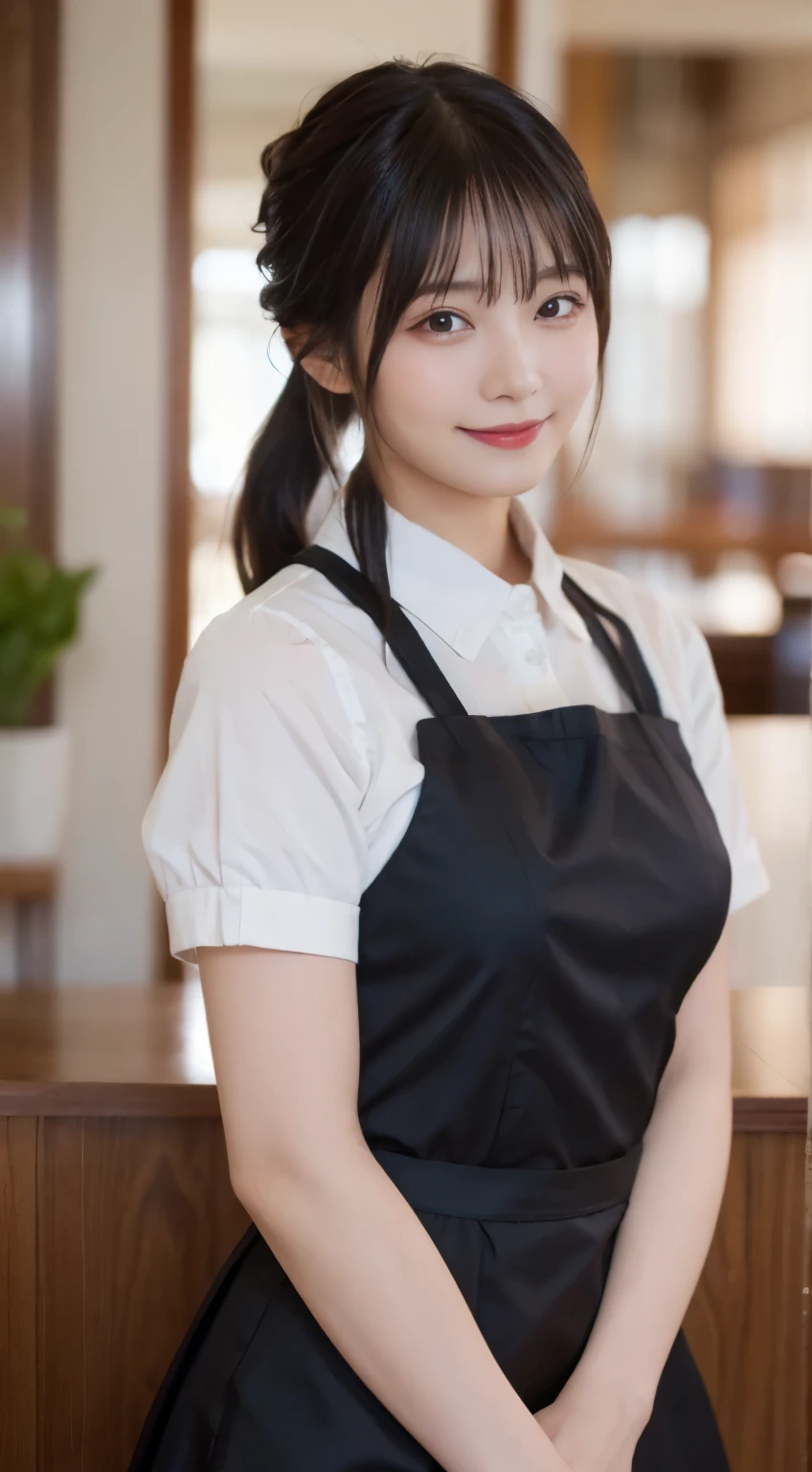 (highest quality,masterpiece:1.3,ultra high resolution,),(Super detailed,caustics),(Photoreal:1.4,RAW shooting,)ultra-realistic capture,very detailed,High resolution 16K human skin close-up。 natural skin texture、,The pores are、、、Must be detailed enough to be easily identified。 Skin should look even-toned and healthy。 Use natural light and color,restaurant,Waitress Uniform,1 girl,Japanese,18-year-old,cute,black haired,ponytail,big breasts,smile,turn your body forward,(Front view:1.1),look at the camera,cowboy shot,