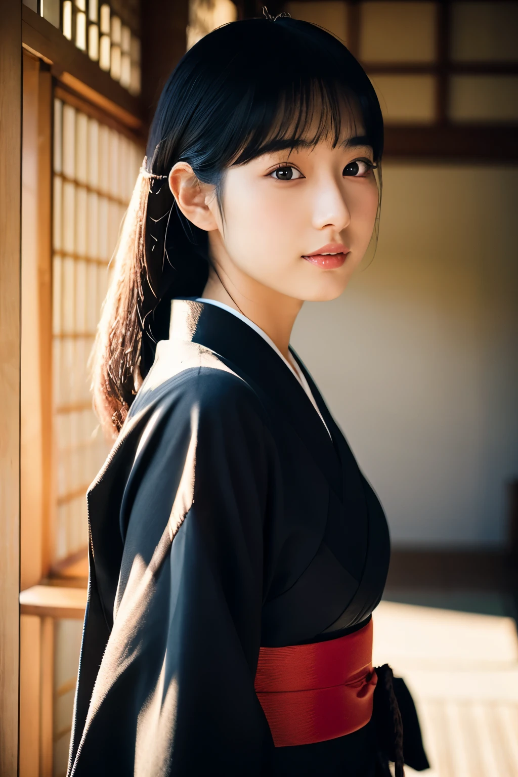 20-year-old Japanese supermodel girl,black hair,Ukiyo-e kimono,Japanese road background,a ray of light,beautiful facial lighting,big deal,Photographed by Yui Aragaki,6 o'clock'bell
