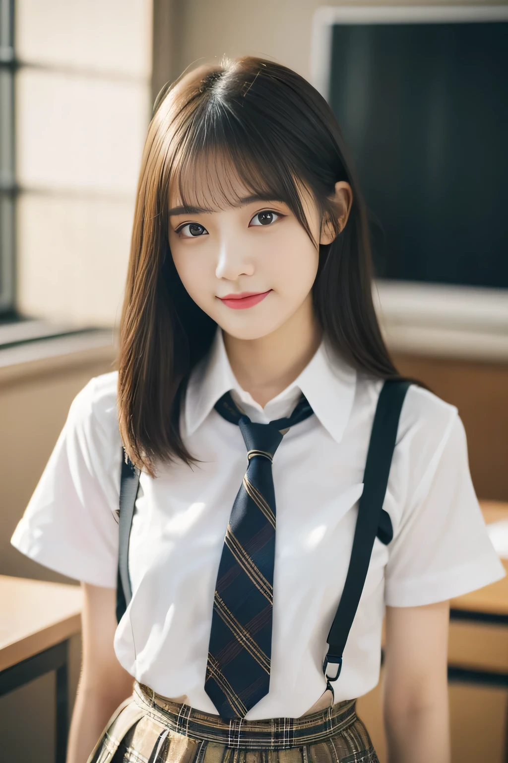 masterpiece，highest quality，official art，Highly detailed CG Unity 8K wallpaper，high school girl，very delicate and beautiful，超High resolution，（realistic：1.4），golden hour lighting，（Full body Esbian），In the classroom，（Platinum Short Hair：0.8），（cute eyes），looking at the viewer，facing the front，, 笑face，JK skirt（Plaid）， bust，high school uniform，tie， masterpiece， highest quality， Raw photo， realistic， face， incredibly irrational solution， written boundary depth， High resolution， Super detailed， small details， very detailed， 非常に詳細な目とface， sharp pupils， realisticな生徒， fix sharp focus， cinematic lighting, idol style、very cute:1.2、black haired、bangs、