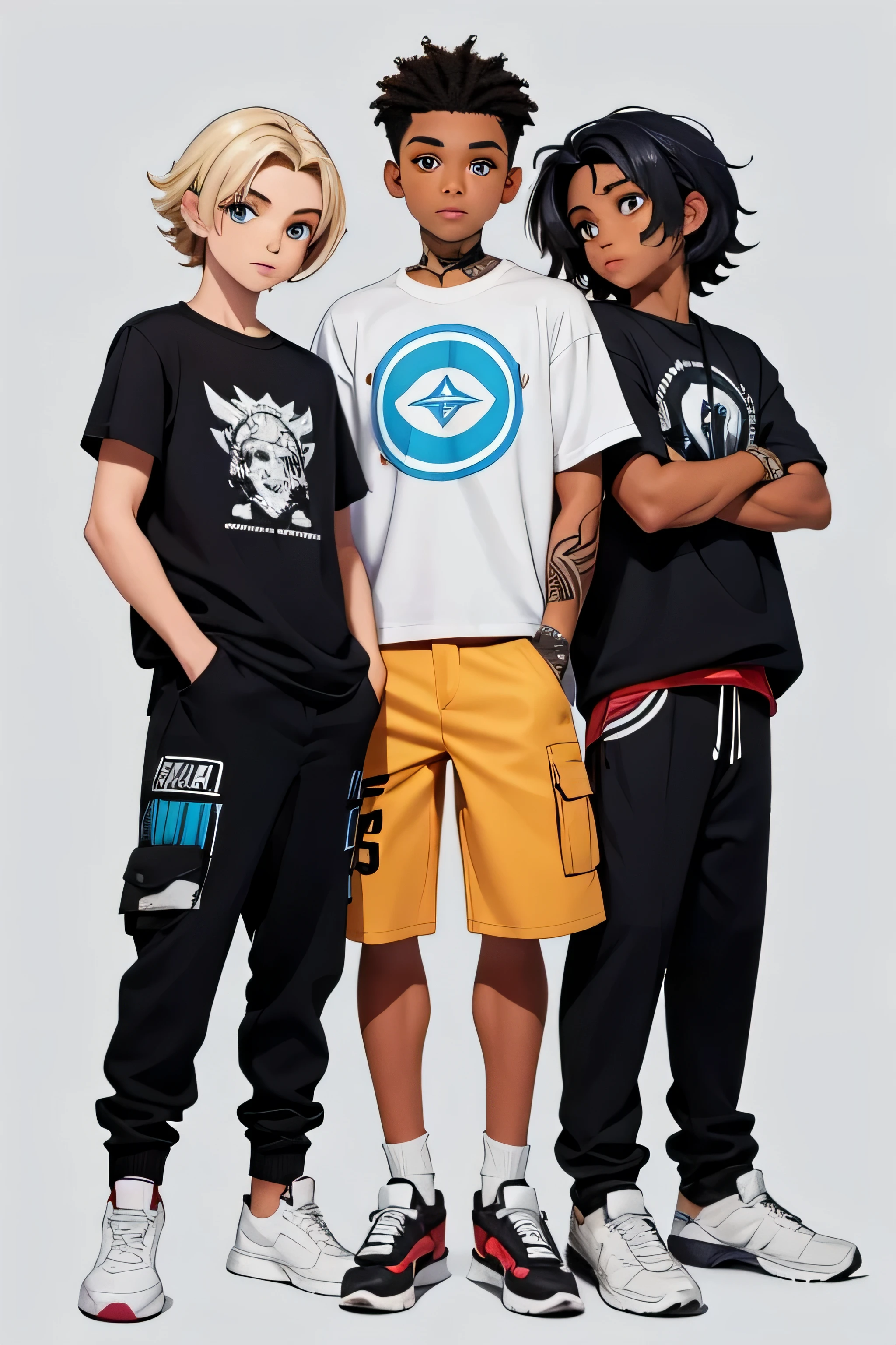 3 garotos, um cacheado com cabelo curto da pele parda, um com cabelo mais longo cacheado da pele parda, outro com cabelo liso curto, todos com tatuagem na cara com idade, 18 anos, estilo hip hop com alta qualidade, fundo branco, masculino