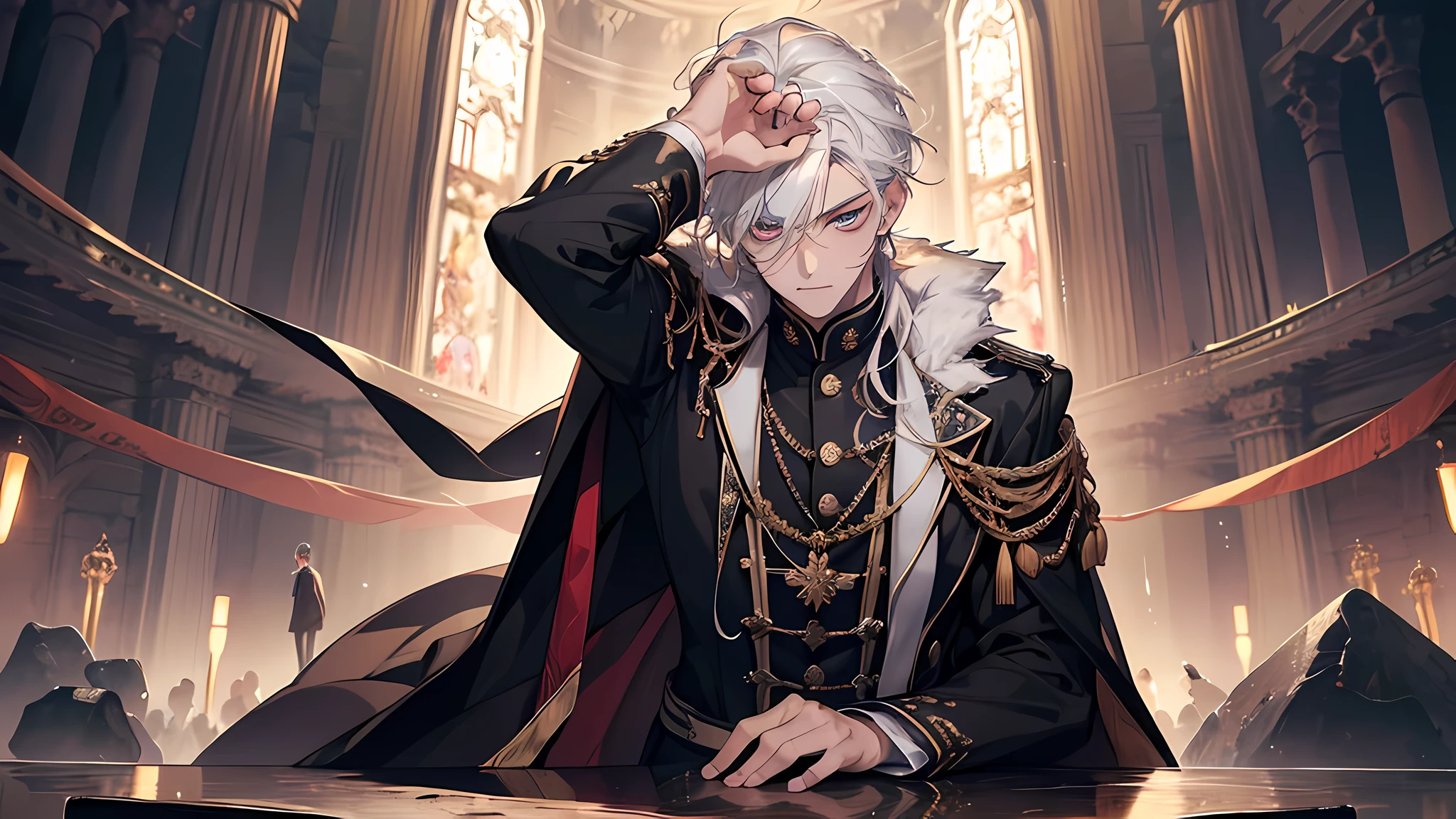 Awakening ceremony, absurd resolution, high resolution, (masterpiece: 1.4), hyper-detail, 1 boy, white hair man, high school student dressed up, grim expression, full body photo, on the stage, many spectators in the audience, touching a huge black stone with one hand, perfect face, perfect body, perfect eyes, detailed eyes, detailed nose, detailed face, perfect face