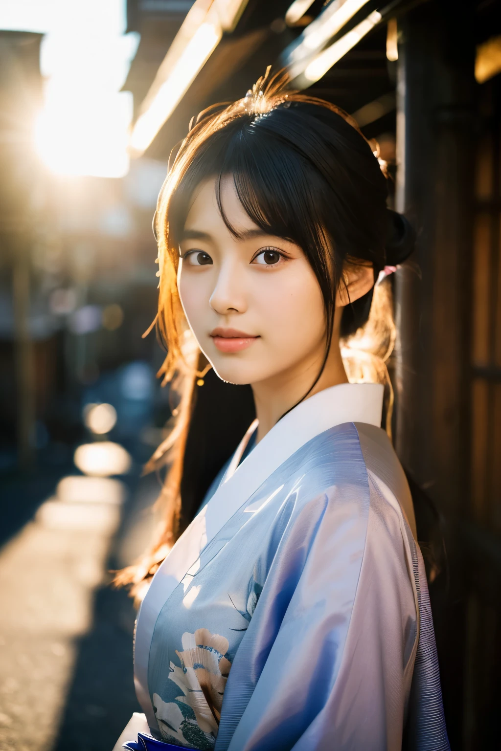 20-year-old Japanese supermodel girl，black hair，Ukiyo-e kimono，Japanese road background，a ray of light，beautiful facial lighting，big deal，Photographed by Yui Aragaki，6 o&#39;clock&#39;bell