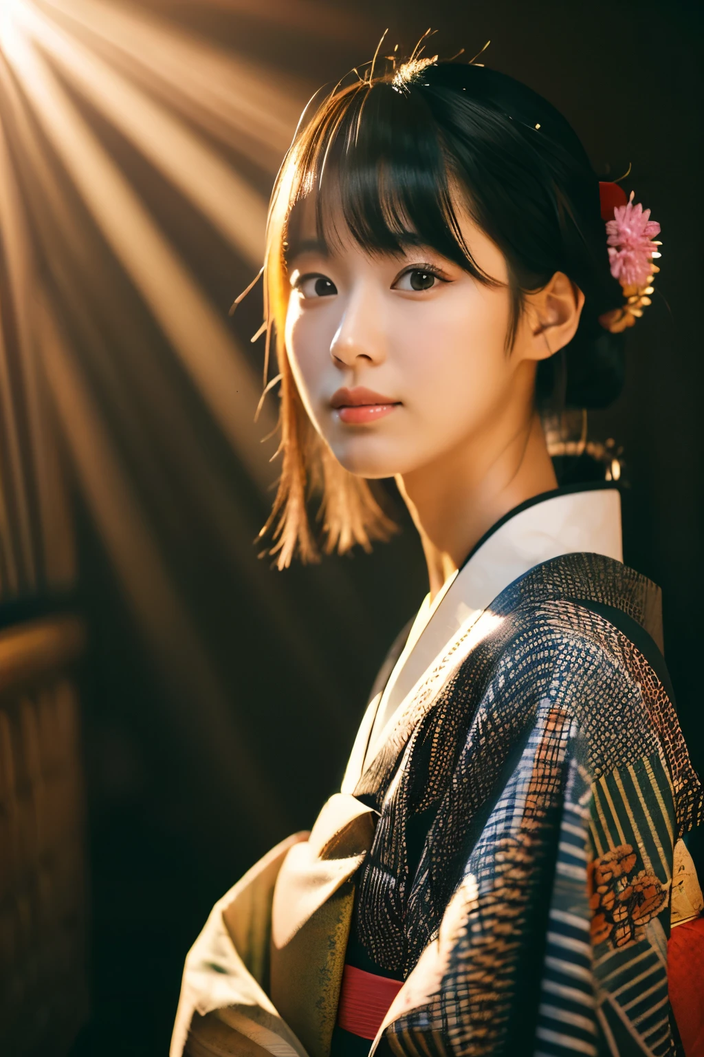 20-year-old Japanese supermodel girl，black hair，Ukiyo-e kimono，Japanese road background，a ray of light，beautiful facial lighting，big deal，Photographed by Yui Aragaki，6 o&#39;clock&#39;bell