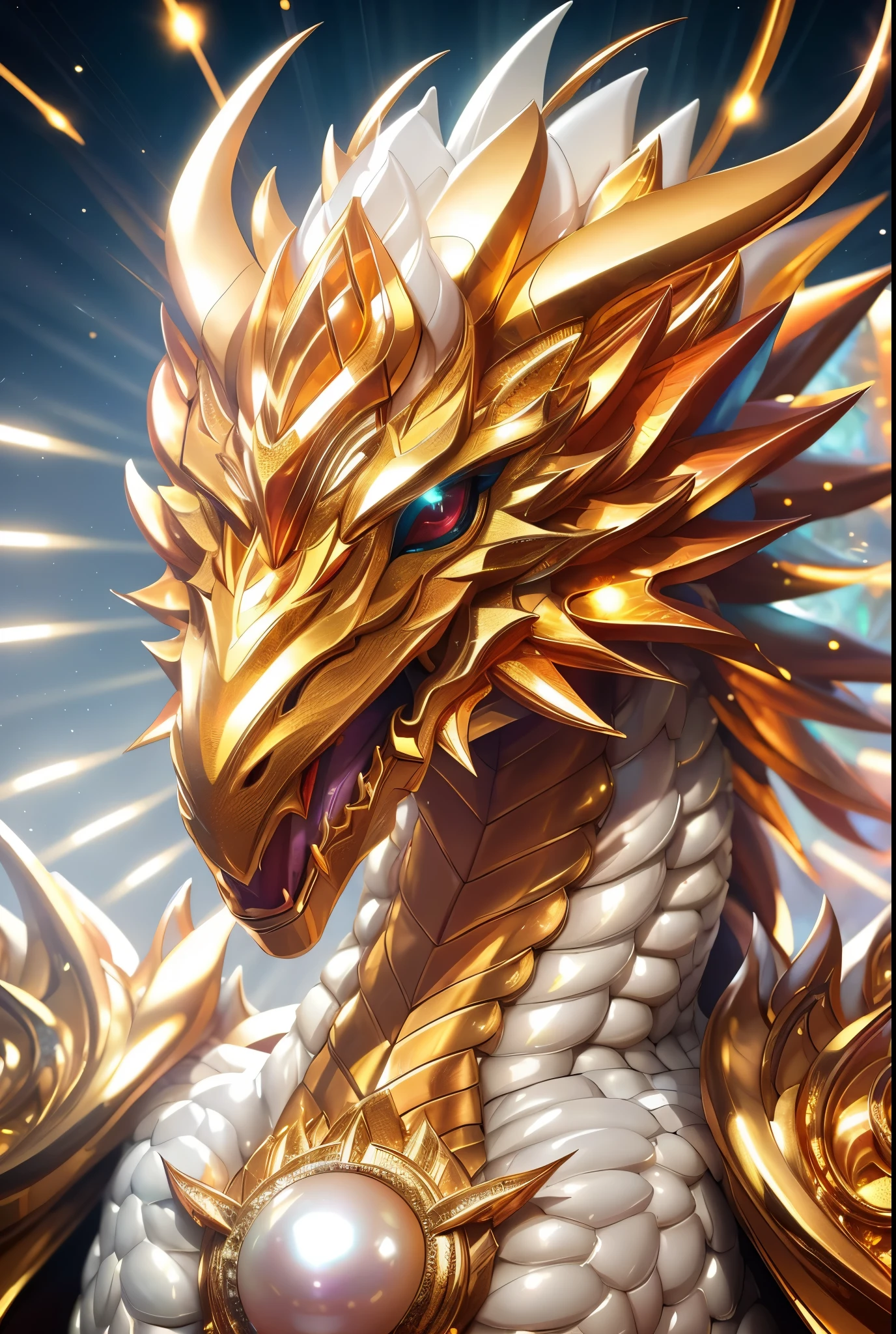 gleaming diamond dragon with golden accents, radiating light, amidst brilliance, symetrical hyperdetailed texture, pearl filigree, concept art, artstation,  perfect composition, masterpiece, glittering professional photography, macro, natural lighting, canon lens, shot on dslr 64 megapixels sharp focus ethereal