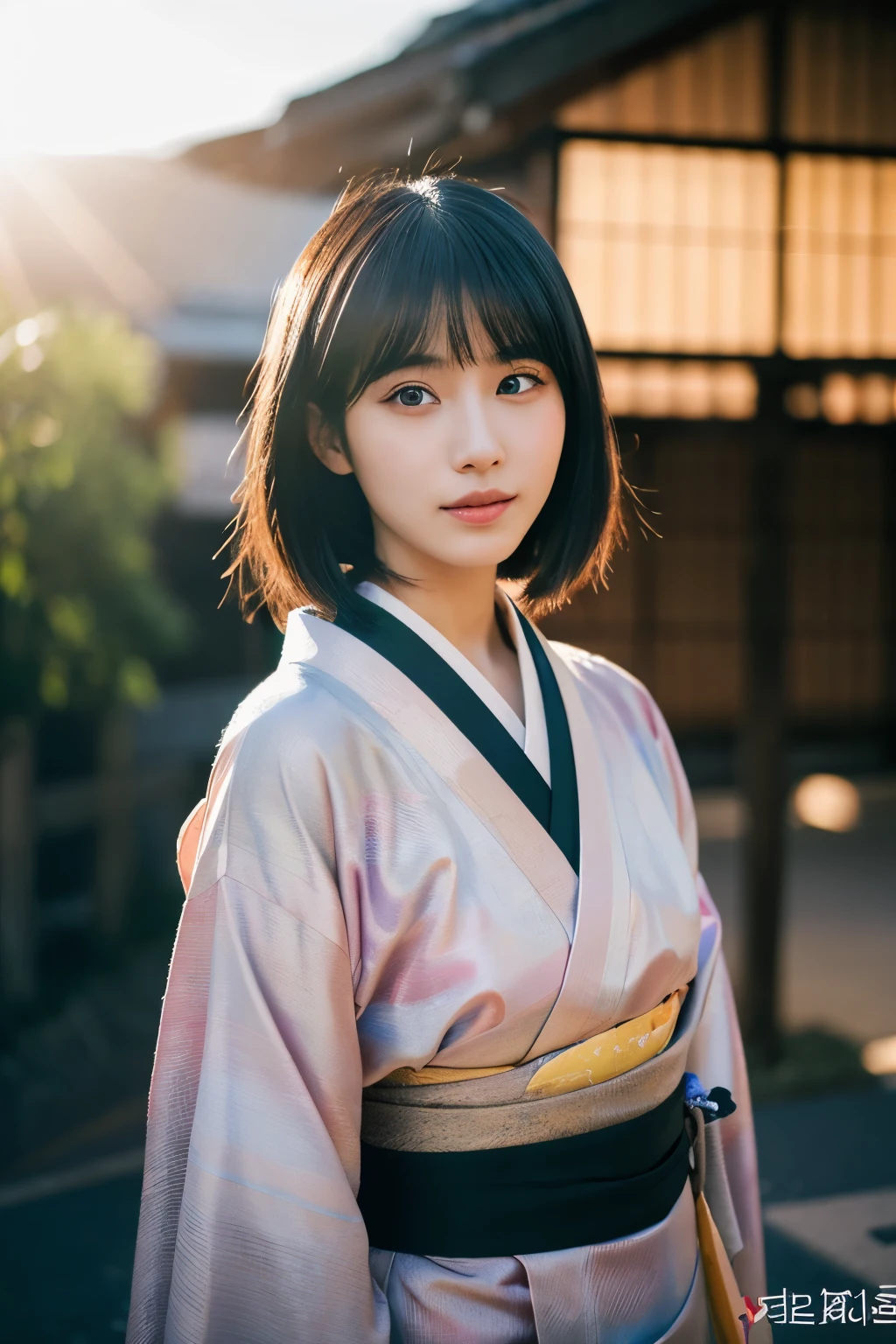20-year-old Japanese supermodel girl,black hair,Ukiyo-e kimono,Japanese road background,a ray of light,beautiful facial lighting,big deal,Photographed by Yui Aragaki,6 o'clock'bell