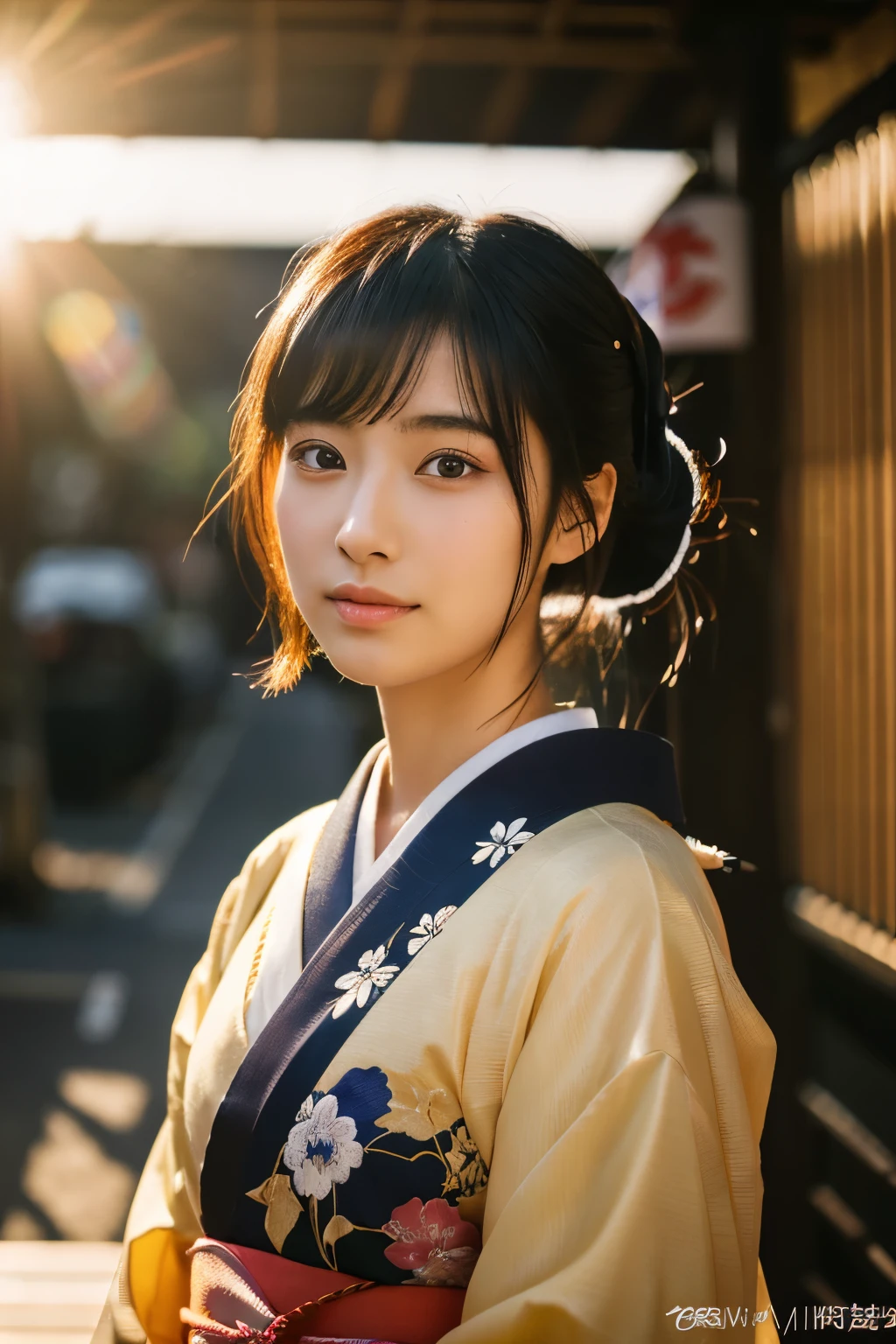 20-year-old Japanese supermodel girl,black hair,Ukiyo-e kimono,Japanese road background,a ray of light,beautiful facial lighting,big deal,Photographed by Yui Aragaki,6 o'clock'bell