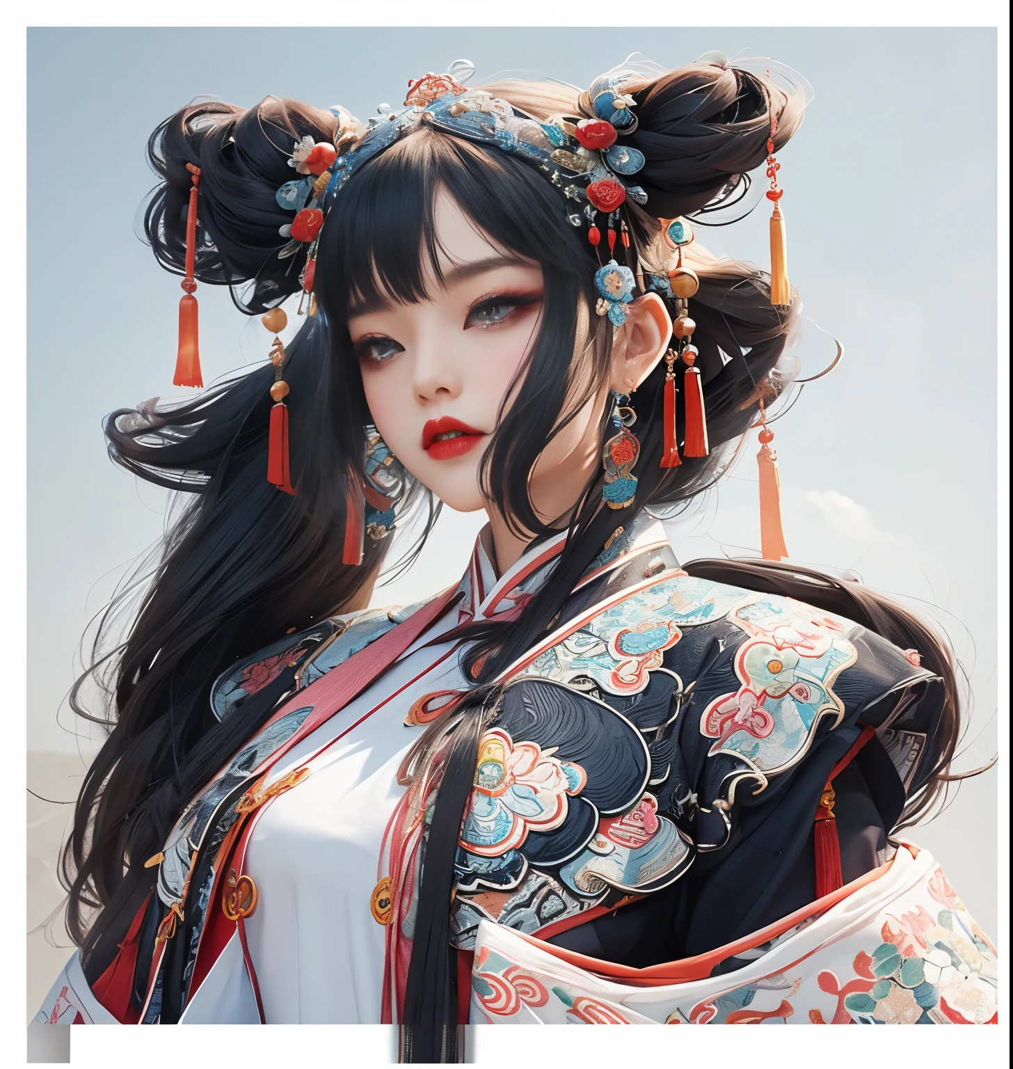 (masterpiece :1.5), (best picture quality :1.5), (Very Fine Detail, 8k, wallpaper :1.3), Very Fine Detail, high contrast, intricate details, Physically based rendering, Best Essay, whole body, Cyberpunk character style, dynamic shape, 1 girl, Delicate brown eyes, eye shadow, cosmetic, 黑色long hair, Delicate big eyes, looking at the audience, blush, Plump little lips, red lips, long hair :1.3, Upper body, (permanent), (hair accessories :1.1), headgear, Chinese style cheongsam, Cyberstyle cheongsam, Blue and pink cheongsam, (Cyberpunk Light :1.1), neon, All mechanical and futuristic elements, technology, 背景是传统的中国street, china city, china city市, china city市, china city市, china city市, china city市. street, paper lanterns, neon, ultra high resolution, (Slim:1.2), dramatic lighting, Vibrant details, luxuriouscyberpunk, complex background, octane rendering, 8k, best quality, masterpiece, illustration, extremely delicate and beautiful, Very detailed, CG, wallpaper, (actual, actual :1.37), Astonishing, fine details, masterpiece, best quality, official art, (night :1.5) cowboy shooting