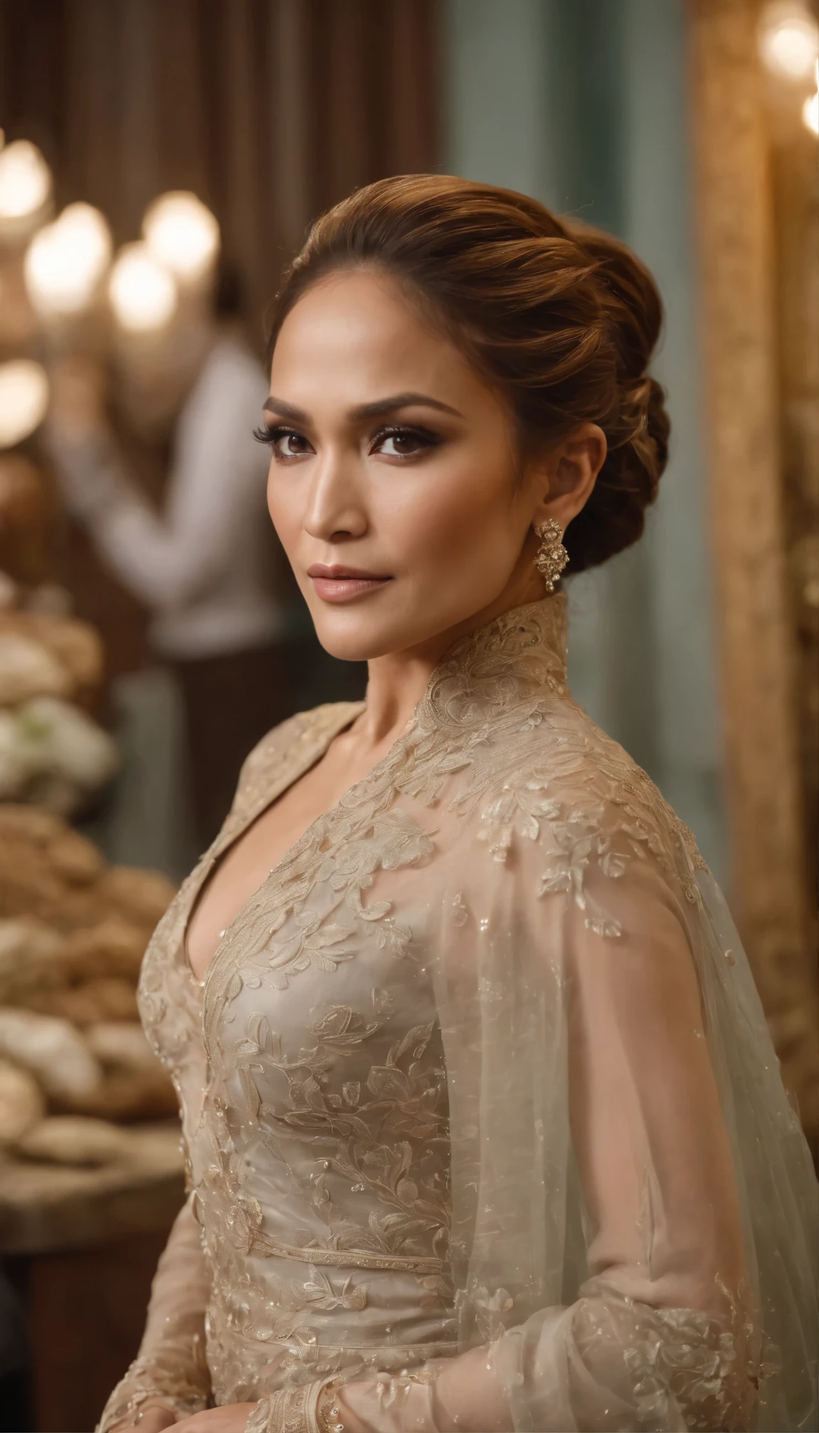 Jennifer Lopez wearing Javanese Kebaya, at traditional market, UHD, Masterpiece, Extremely Realistic, 8k, Super Detailed. 