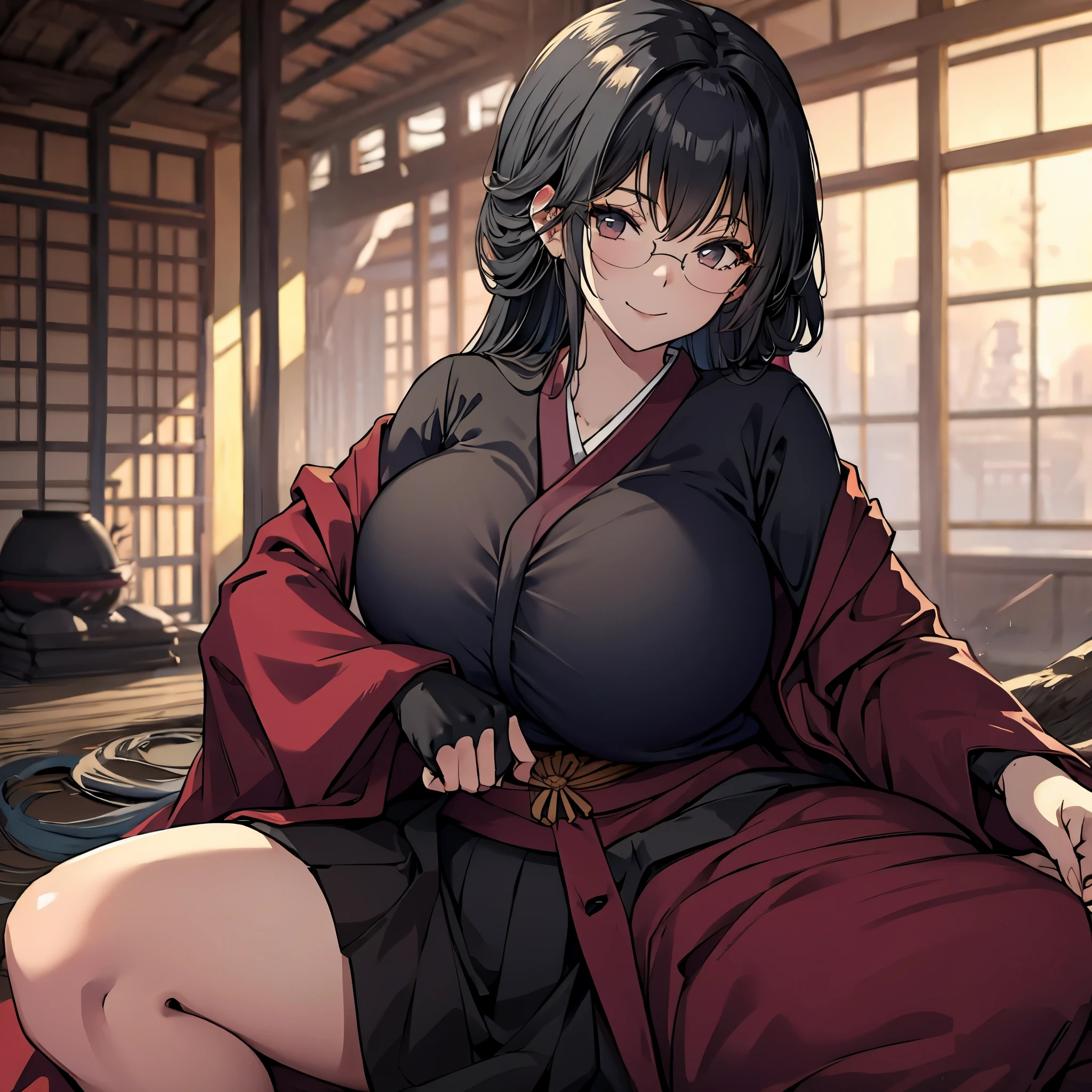 a woman in a Japanese castle, kimono black, smiling, big breast
