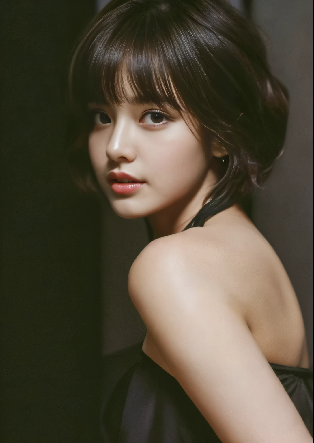 highest quality, masterpiece, ultra high resolution, (realistic:1.5), RAW photo, 1 girl, off shoulder, in the dark, deep shadow, discreet key, sexy look, short hair、Looking at the camera