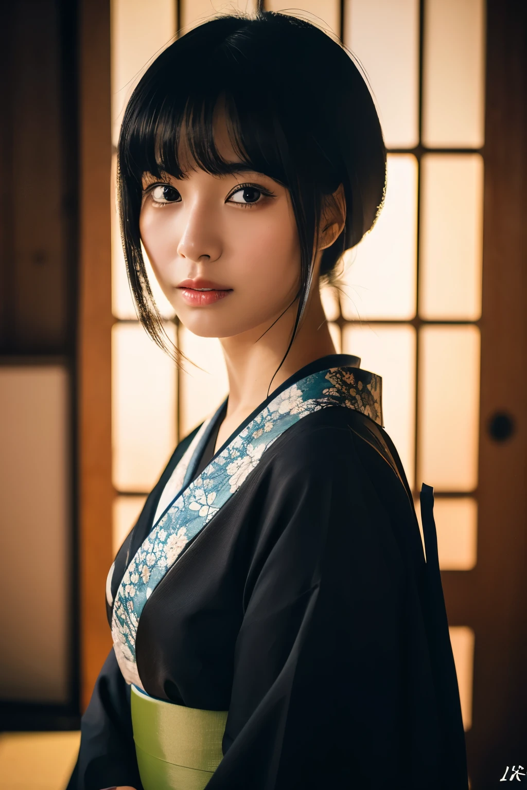 20-year-old Japanese supermodel girl,black hair,Ukiyo-e kimono,Japanese road background,a ray of light,beautiful facial lighting,big deal,Photographed by Yui Aragaki,6 o'clock'bell