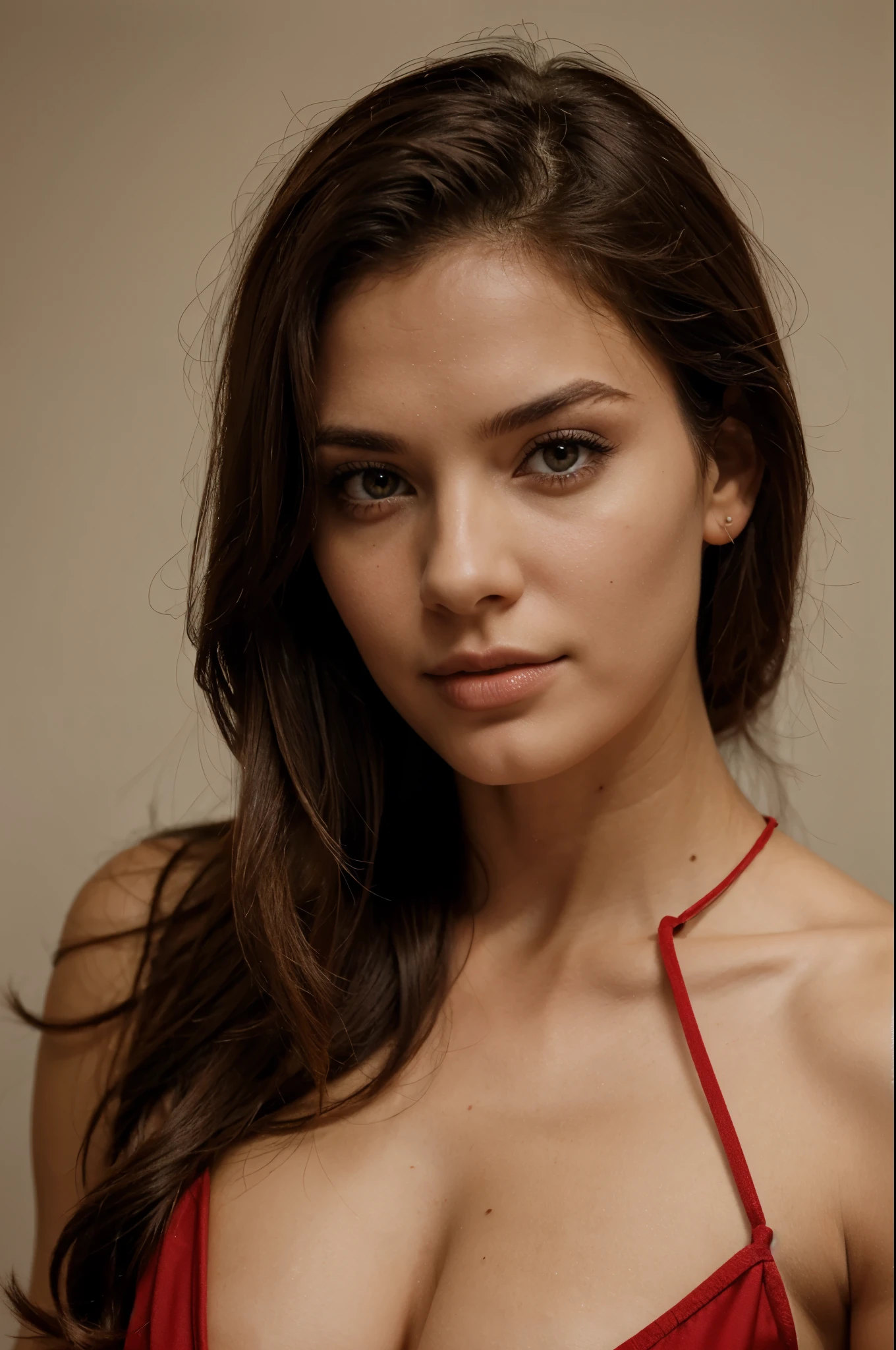 Mulher de 30 anos, cabelo vermelho, olhos castanhos e modelo