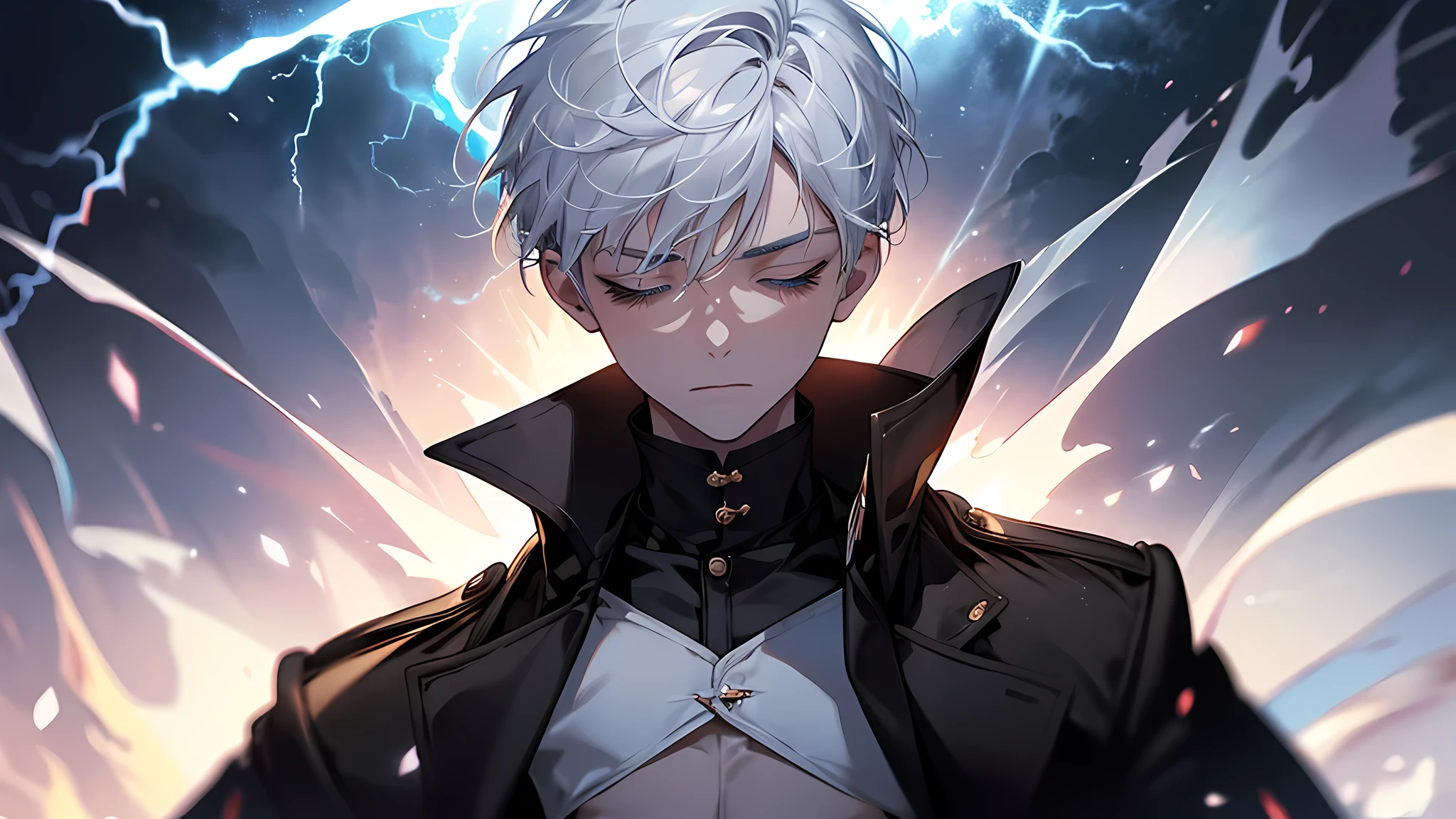 (Absurd, High Resolution), 16k, (Panorama), Little Boy, Teenager, Closed Eyes, Open Hands, Short Hair, white Hair, Black Coat, White Underwear, Extreme Detail, Lightning, Magic, Magic Array, Exaggerated Light, Shine, Magic, Floating, Dusk, perfect eyes, perfect face, perfect body, perfect nose, detailed face, detailed eyes, detailed nose
