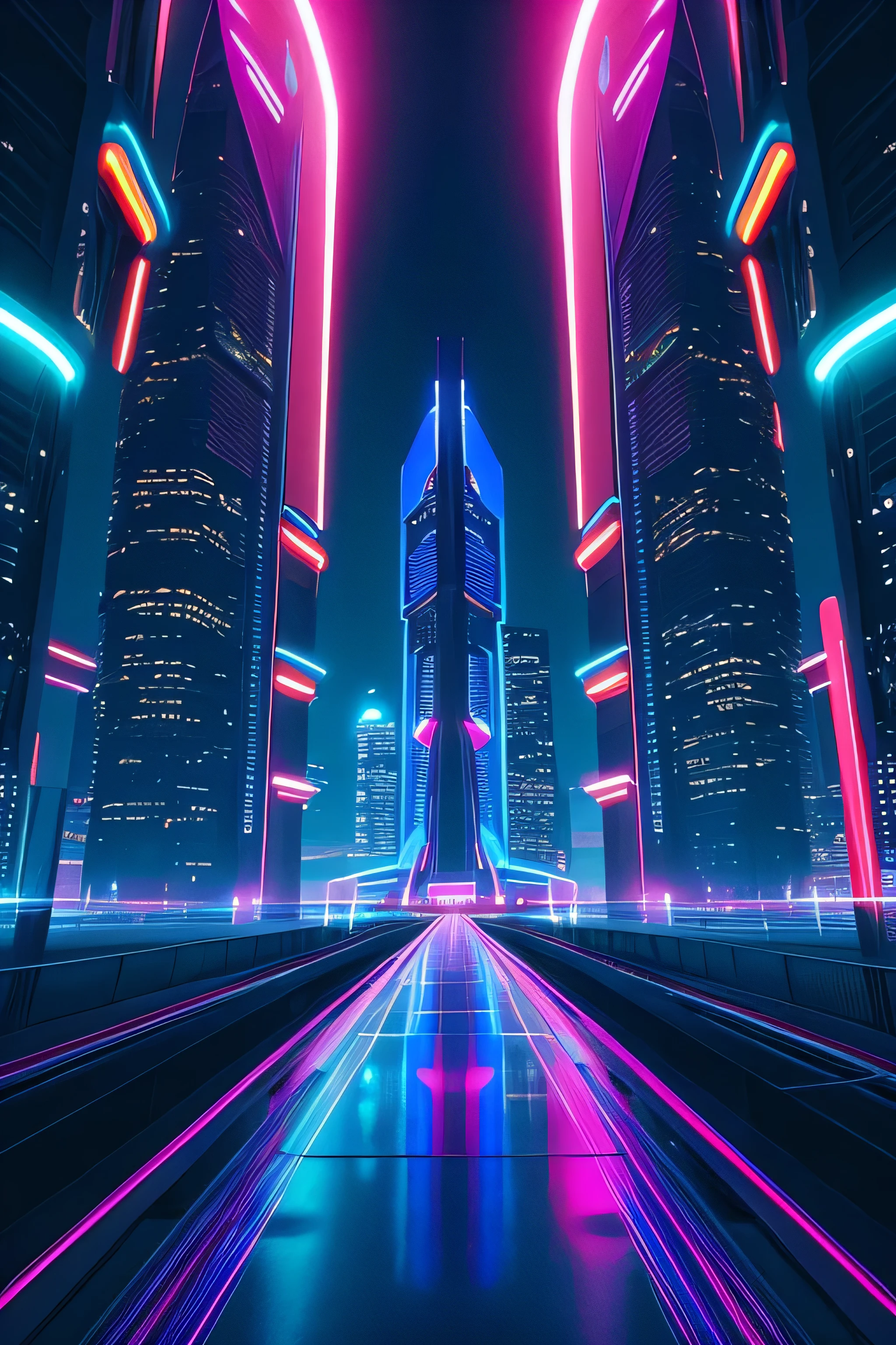 An illustration of futuristic architecture in bold colors and shapes, inspired by the 3D futurism trend. Think of Beeple's dynamic style. The scene features towering structures with cascading lights, set against a neon-lit cityscape. Vibrant blues and purples dominate, creating a sense of depth and volume. Faces show awe and wonder. Illuminated by a mix of neon and artificial lights, the atmosphere is teeming with futuristic energy.--v 5 --stylize 1000

