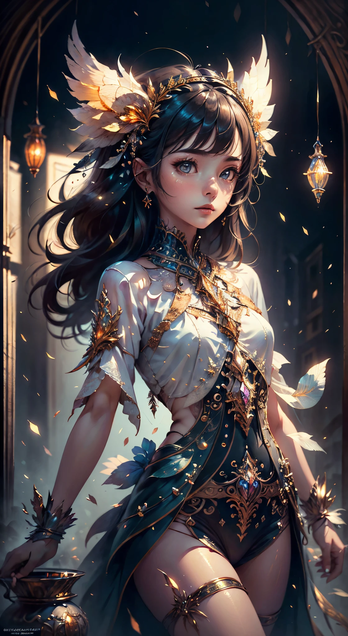 (((masterpiece))), (((best quality))), ((ultra-detailed)),(highly detailed CG illustration), ((an extremely delicate and beautiful)),cinematic light, Create a stunning fantasy artwork Resolution: Aim for a high-resolution artwork to showcase intricate details and clarity. Art Inspirations: Seek inspiration from the trending artists on ArtStation, exploring different styles, genres, and themes.