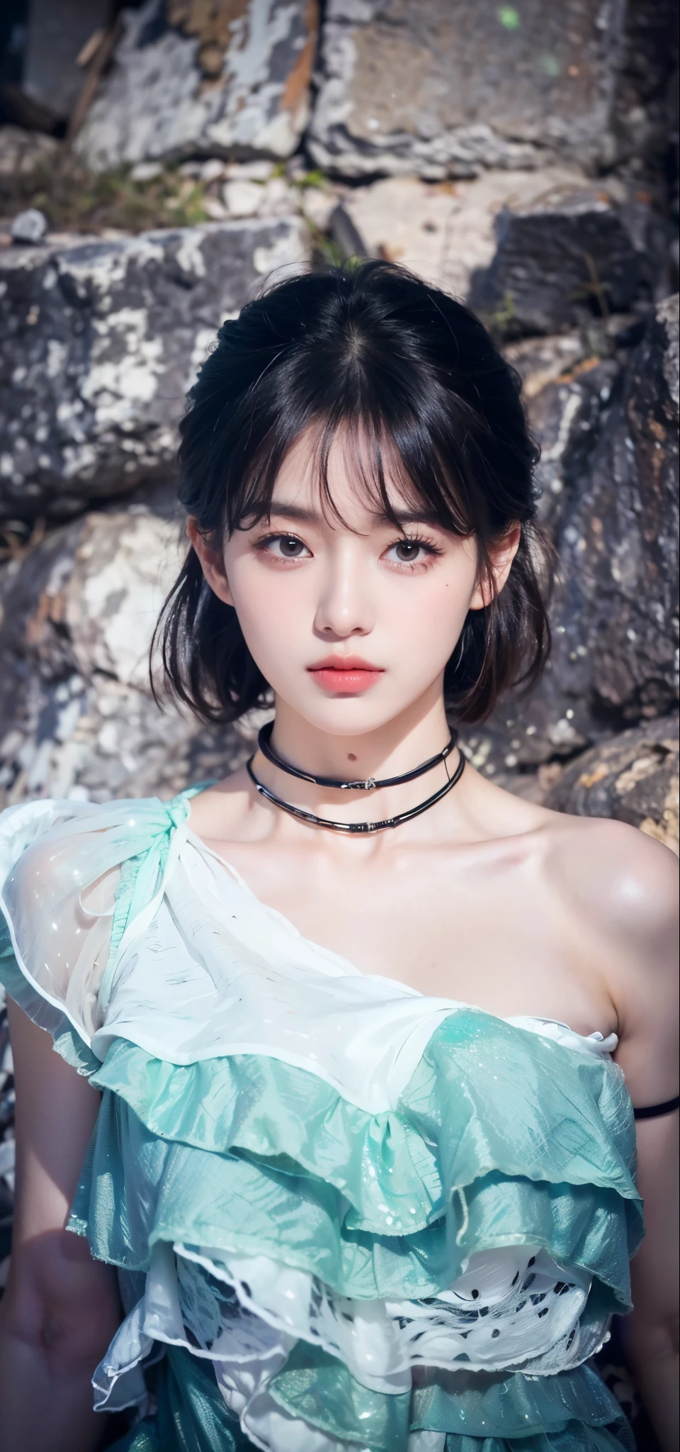 (8k, RAW photo, photorealistic:1.25) ,( lipgloss, eyelashes, glosace, glossy skin, best quality, ultra highres, depth of field, chromatic aberration, caustics, Broad lighting, natural shading, Kpop idol) looking at the audience With serenity and goddess-like bliss, big breastig breastig titull body,