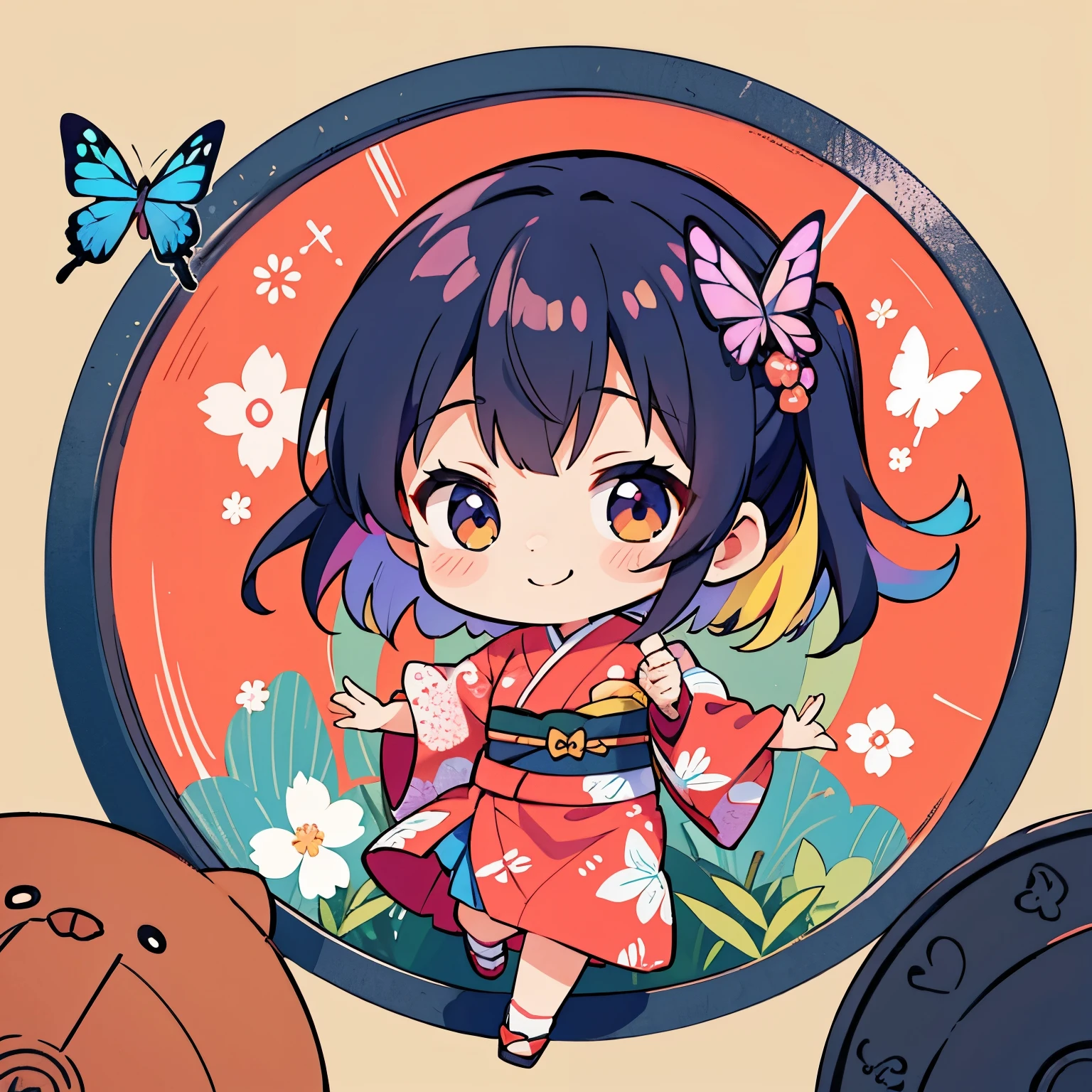 Anime characters in Japan(chibi girl、smile、kimono、butterfly hair ornament)There is a manhole cover with a、colorful