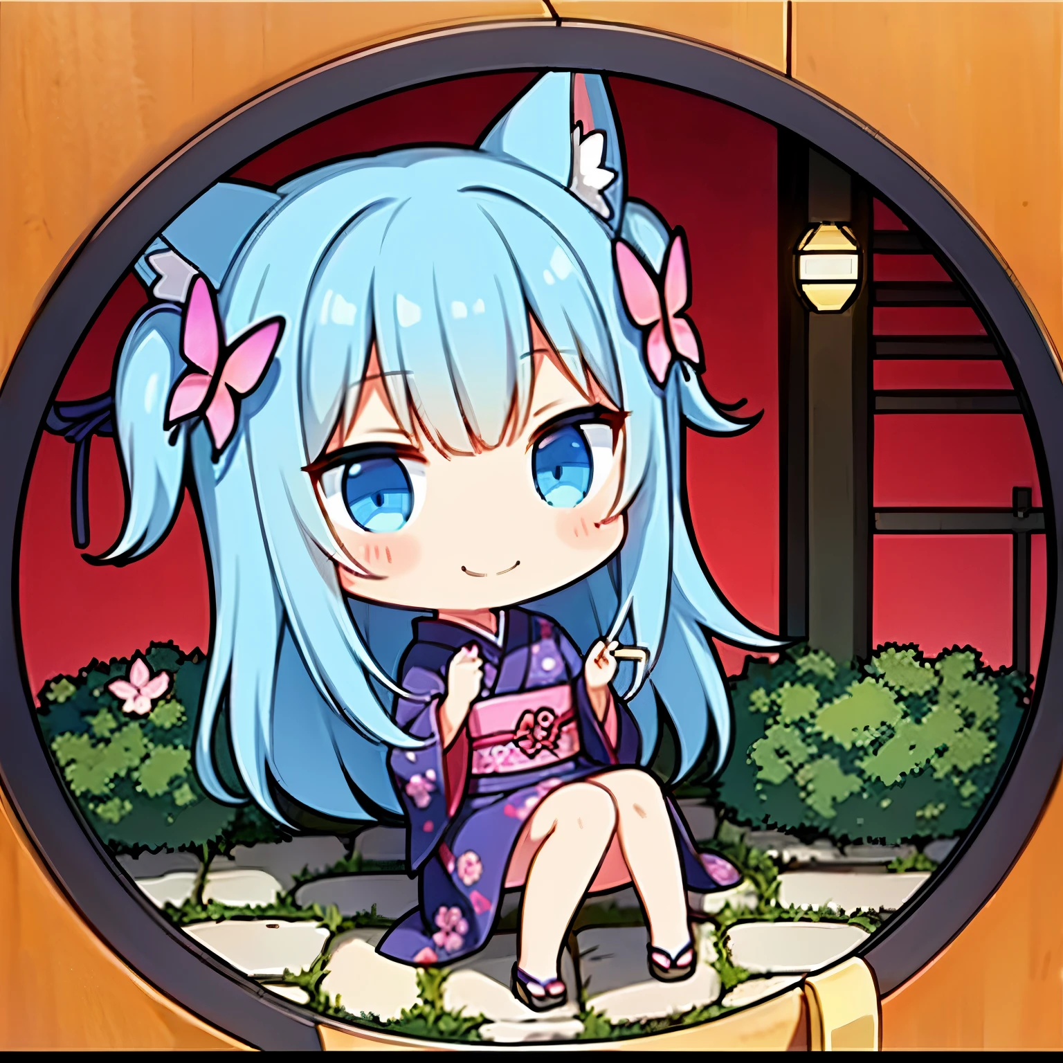 Anime characters in Japan(chibi girl、smile、kimono、butterfly hair ornament)There is a manhole cover with a、colorful