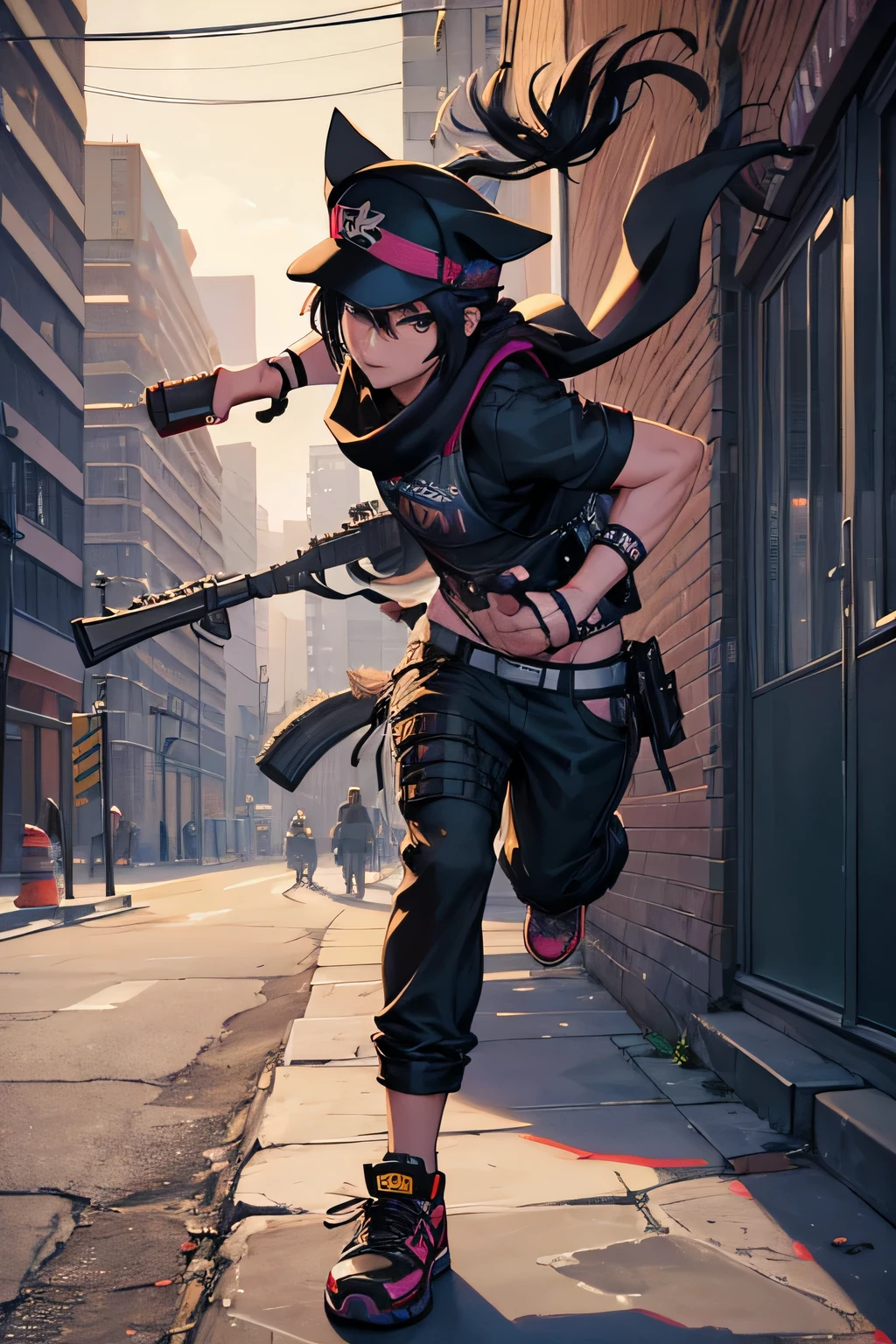 Image of a black Cat in a hat and scarf, He has a shotgun in his leg.,art station trends,Wear punk clothes,Ultra-realistic detailed rendering,Urban style,intimidating pose,planet of Cats,fashionable clothes,Urban Samurai,Cat,Wearing a work cap,Moving bricks at a construction site