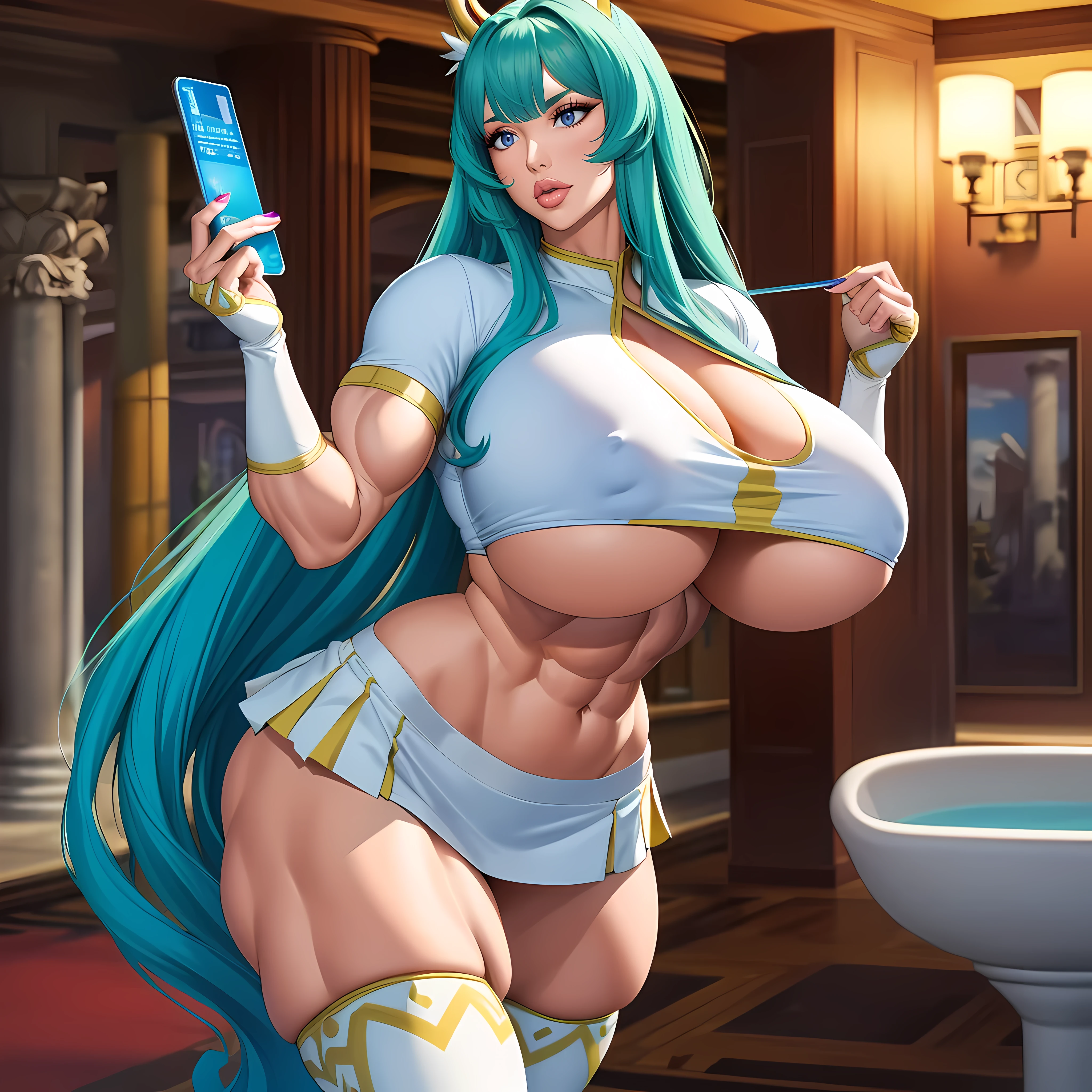 ((best quality)), ((masterpiece)), (detailed),nsfw, photorealistic, ultra high res, intricate, hyperdetailed, (skindentation),
cute, feminine, detailed body , (detailed face:1.1), (outlined iris), (hidrocor lenses), (perfect eyes),
4k, beautiful, :1.3 , full body,
walking
at
((A medieval harem bath, large ornately decorated room, central pool or basin of water, surrounded by marble or stone columns, walls decorated with intricate tilework and mosaics, Fragrant oils and flower petals))
a( Invisibility Cloak and Zero-Gravity and Plasma Propulsion and Neural Interface and Digital consciousness and Computer viruses )
Tweed,Polyester
(cheerleader outfit is a crop top paired with shorts or a skirt, The crop top may have long or short sleeves and features a colorful design or a pattern that matches the team's colors, exposed midriff, modern cheerleading outfit, shorts or skirt made of a lightweight stretchy polyester or spandex t flexibility, The shorts high-waisted, skirt flared A-line shape or have pleats, white athletic shoes or cheerleading shoes knee-high socks or leg warmers colors)
(gigantic lips:1.3) and (massive lips: 1.3) and (huge lips:1.3) (silicon lips:1.3) and (parted lips:1.3), (thick lips:1.3),
(huge breasts:1.2) and (massive breasts: 1) and (large breasts:1.2) ,
wide hips, thick thighs,((((Muscular Quadriceps)))), (((((Massive Female Bodybuilder))))), (((((Huge Muscles)))))
she has blue and magenta colored hair,
she has long hair length and a long bangs hair style,
art by japanese light novel cover and jin xiaodi and Artem Demura