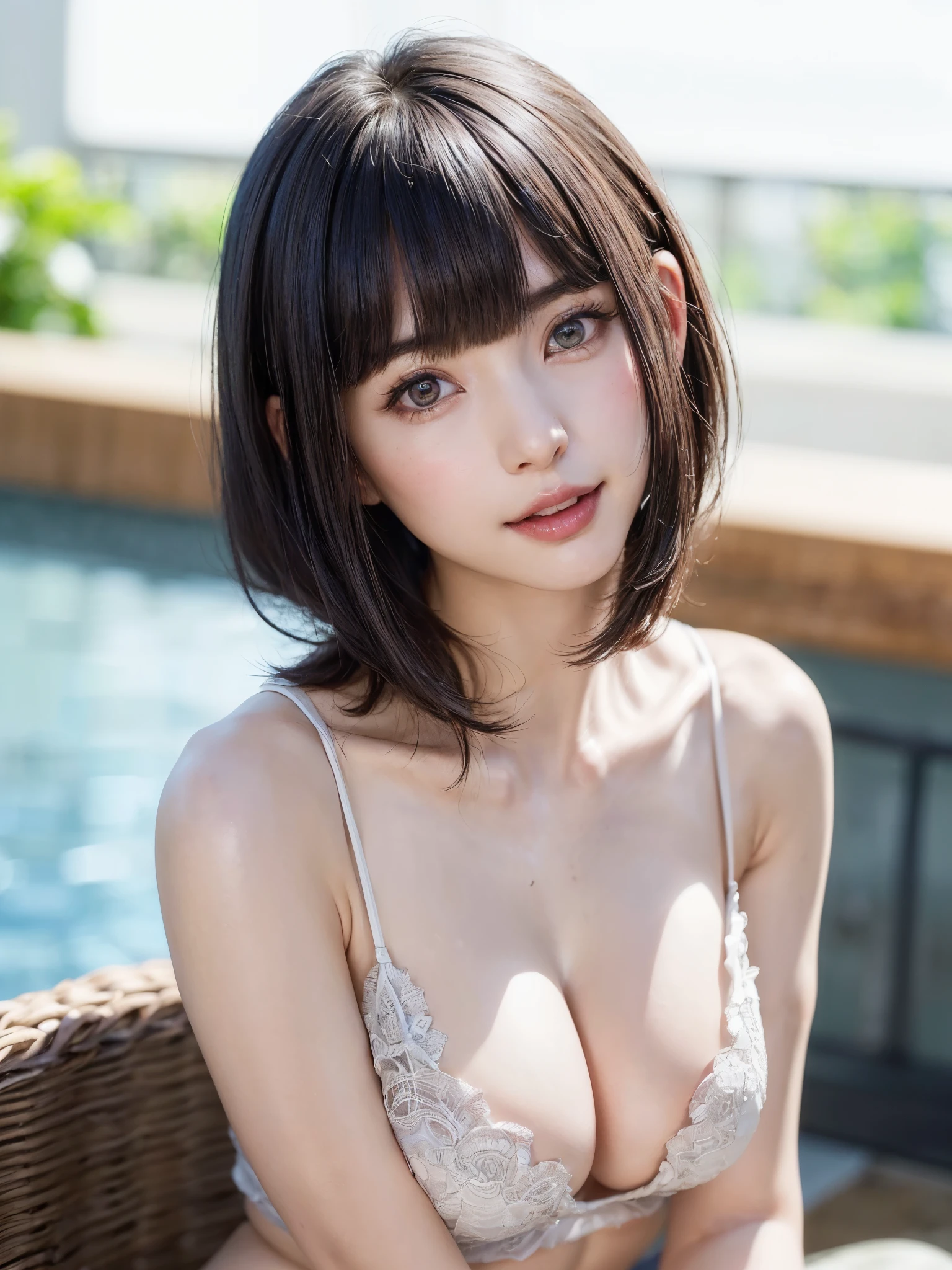 (table top, highest quality、ultra high resolution、face focus focus、focus on the sides、navel focus、decolletage focus、very attractive beauty、Adds intense highlights to the eyes、look closely at the camera:1.4、Absolutely beautiful bangs:1.4、Brunette short bob hair with bangs:1.4),1 girl, Report, black haired, realistic, looking at the viewer, pale black eyes, short hair, lips, lip gloss, Upper body、Big eyes、eyelash)、((italian natural background、hyper real stick:1.4))、((short hair with bangs:1.4、Beautiful bangs with 46 points:1.4、{Huge|big|Hugeな|mega} chest, cleavage、Big eyes、Give students very powerful highlights、very bigger chest、look at the audience、very beautiful beauty、please show me your ears、beautiful long neck、beautiful decolletage、smile、A smilee beautiful teeth、Open your mouth and smilee))、28 years old、very cute super model